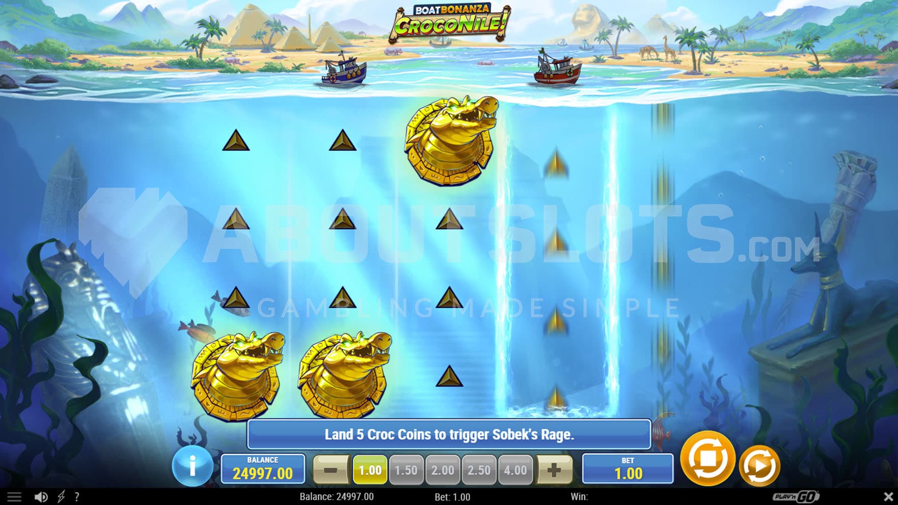 Croc'n Spin feature in progress showing 3 Croc Coins sticky and a respin in progress to land the remaining 2.