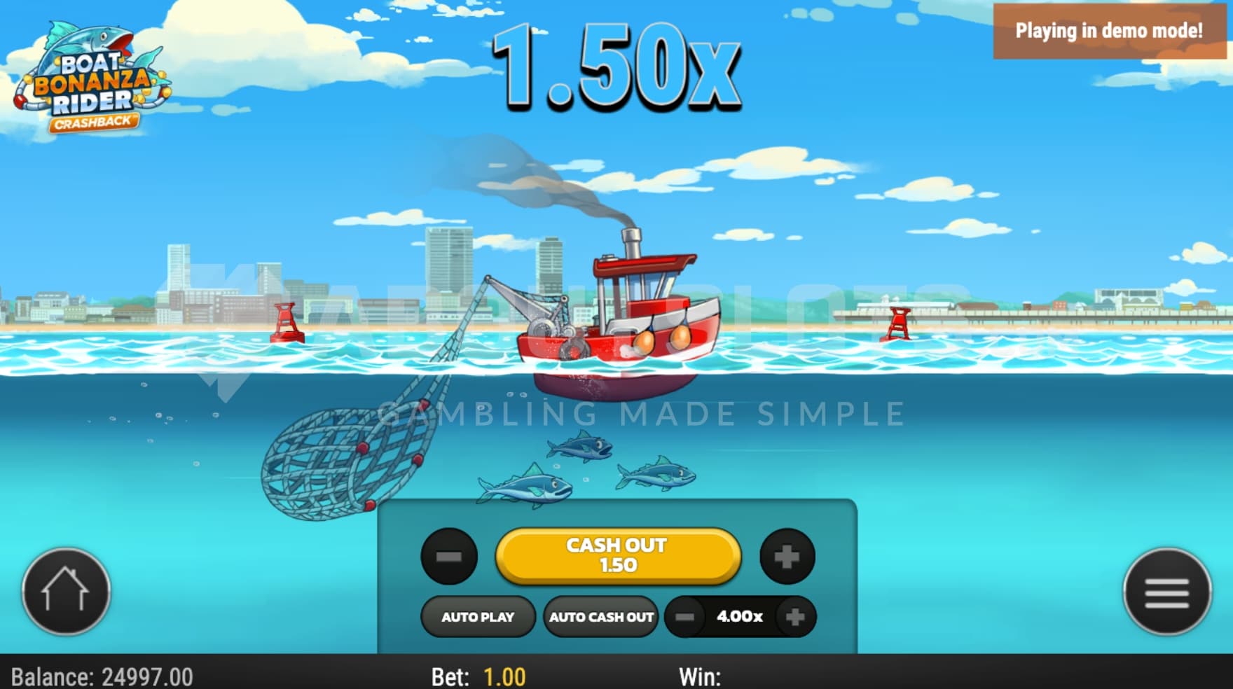 A red trawler moving forward, which increases a total win multiplier that currently shows 1.50X.