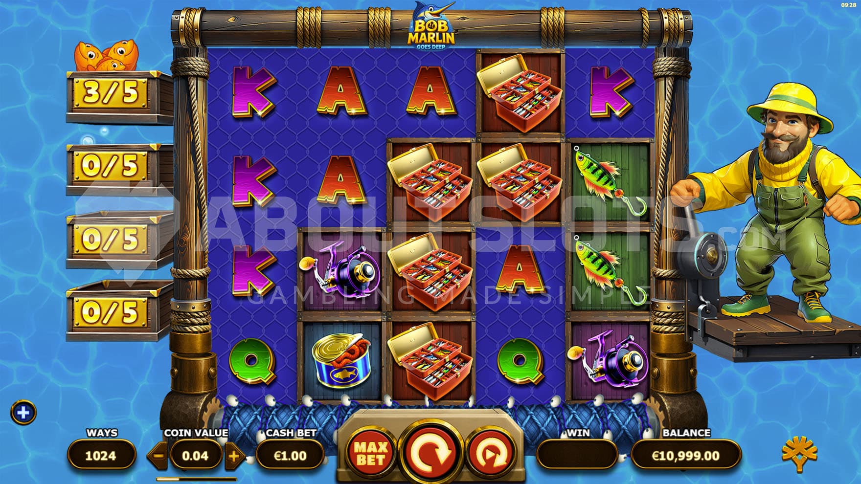 Base Game view of a 5x4 grid on a backdrop of ocean water with a fisherman standing on the platform on the right.