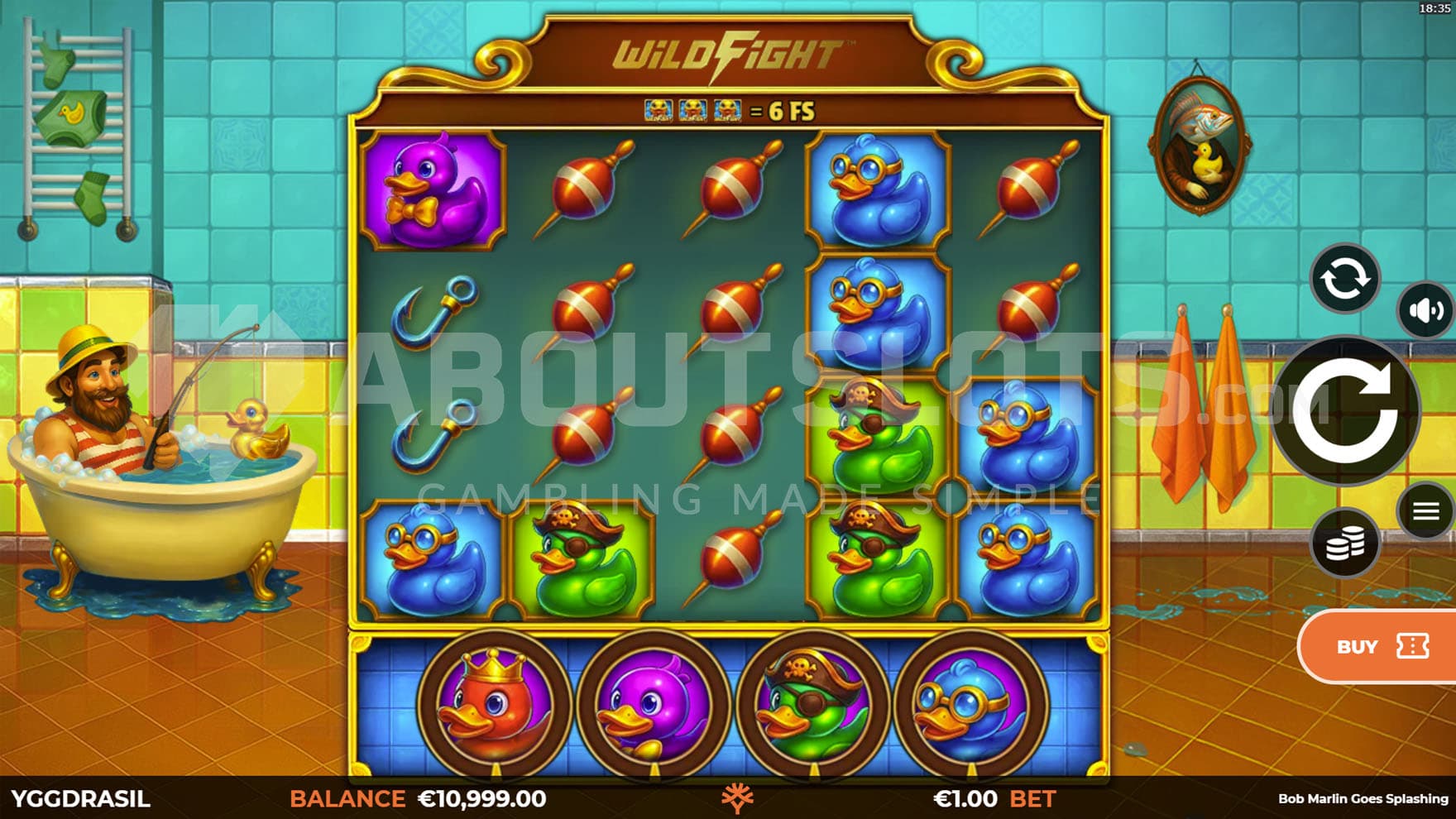 Base Game view of a 5x4 grid on a backdrop of a bathroom with a fisherman in a bathtub on the left.