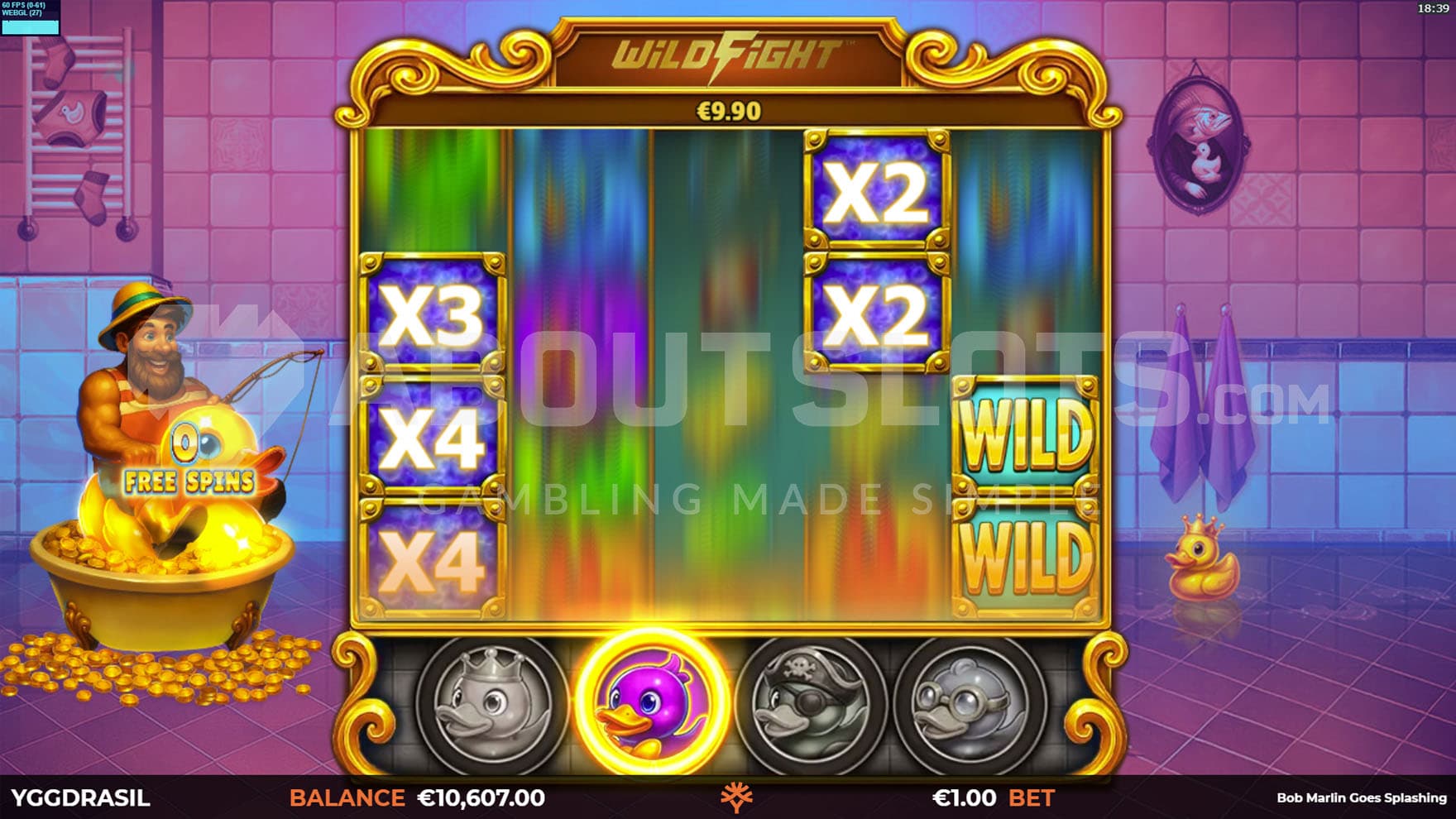 Free Spins bonus with 1 Super Duck active and multiple sticky Wilds with multipliers on the grid.
