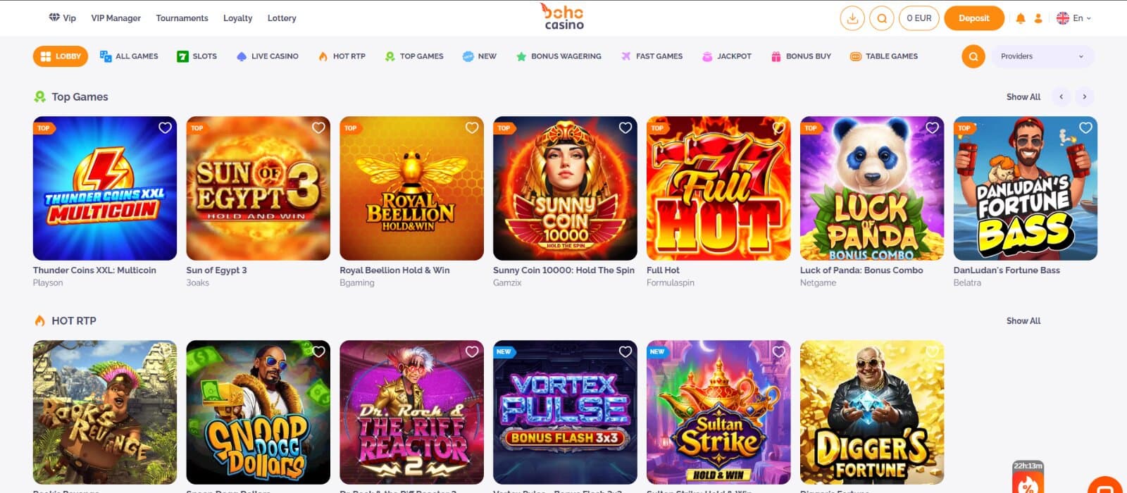Boho Casino's games page shows top games and hot RTP games like Digger's Fortune.