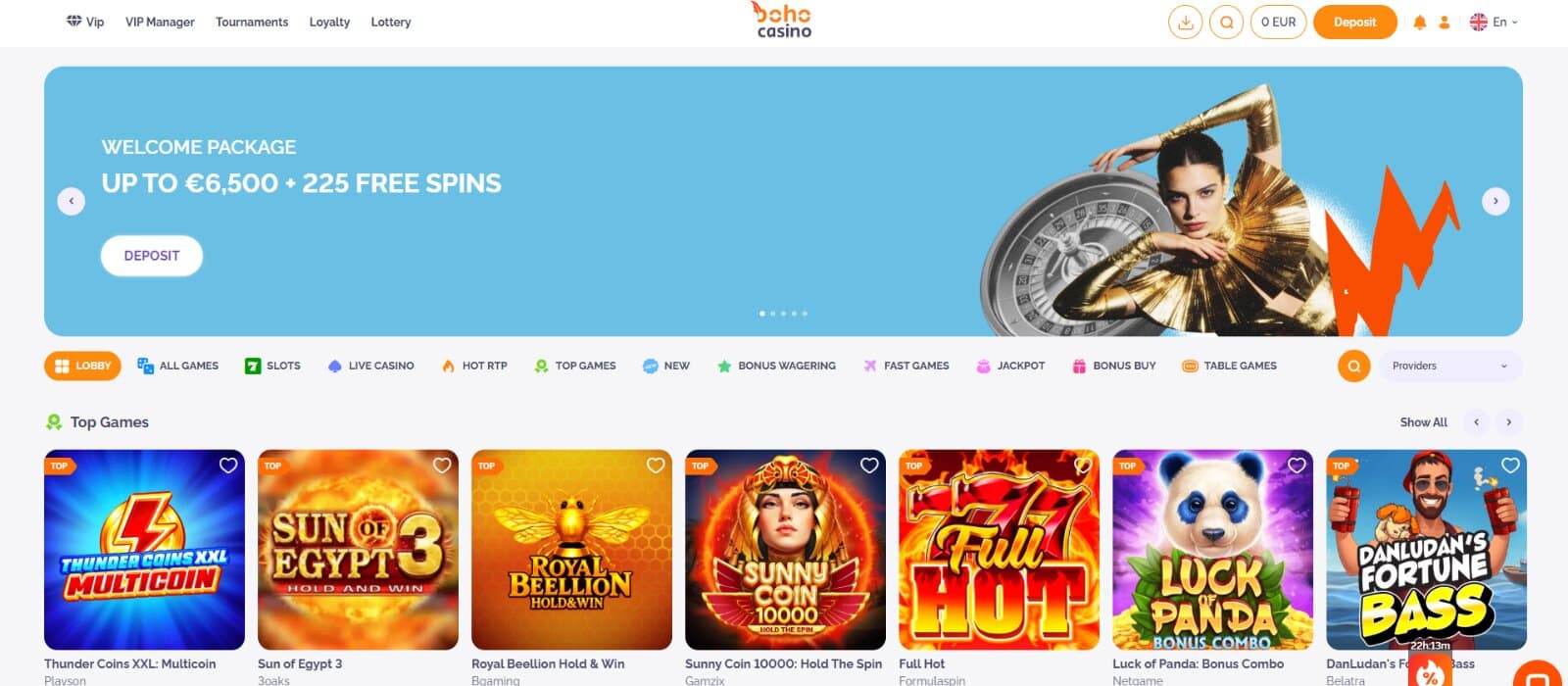 Boho Casino's landing page presents the welcome offer and top games like Sun of Egypt 3.