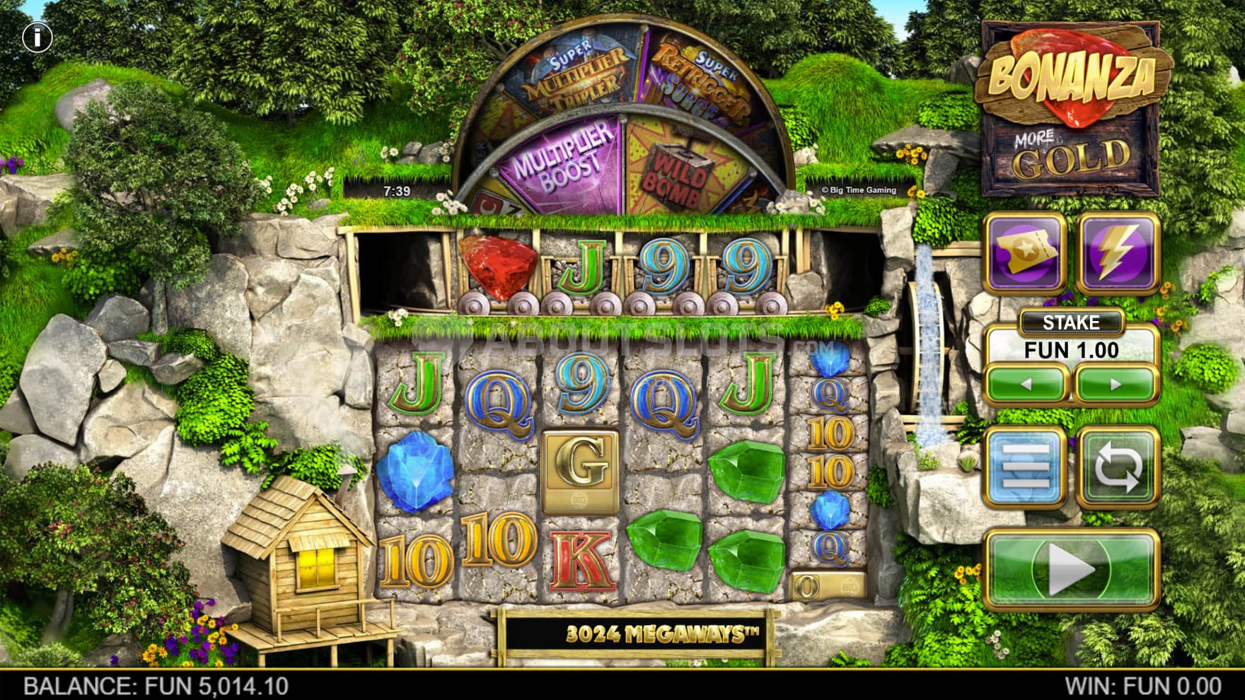 Screenshot of the base game, showing a 6-reel grid on a backdrop of a mining shaft surrounded by green foliage.