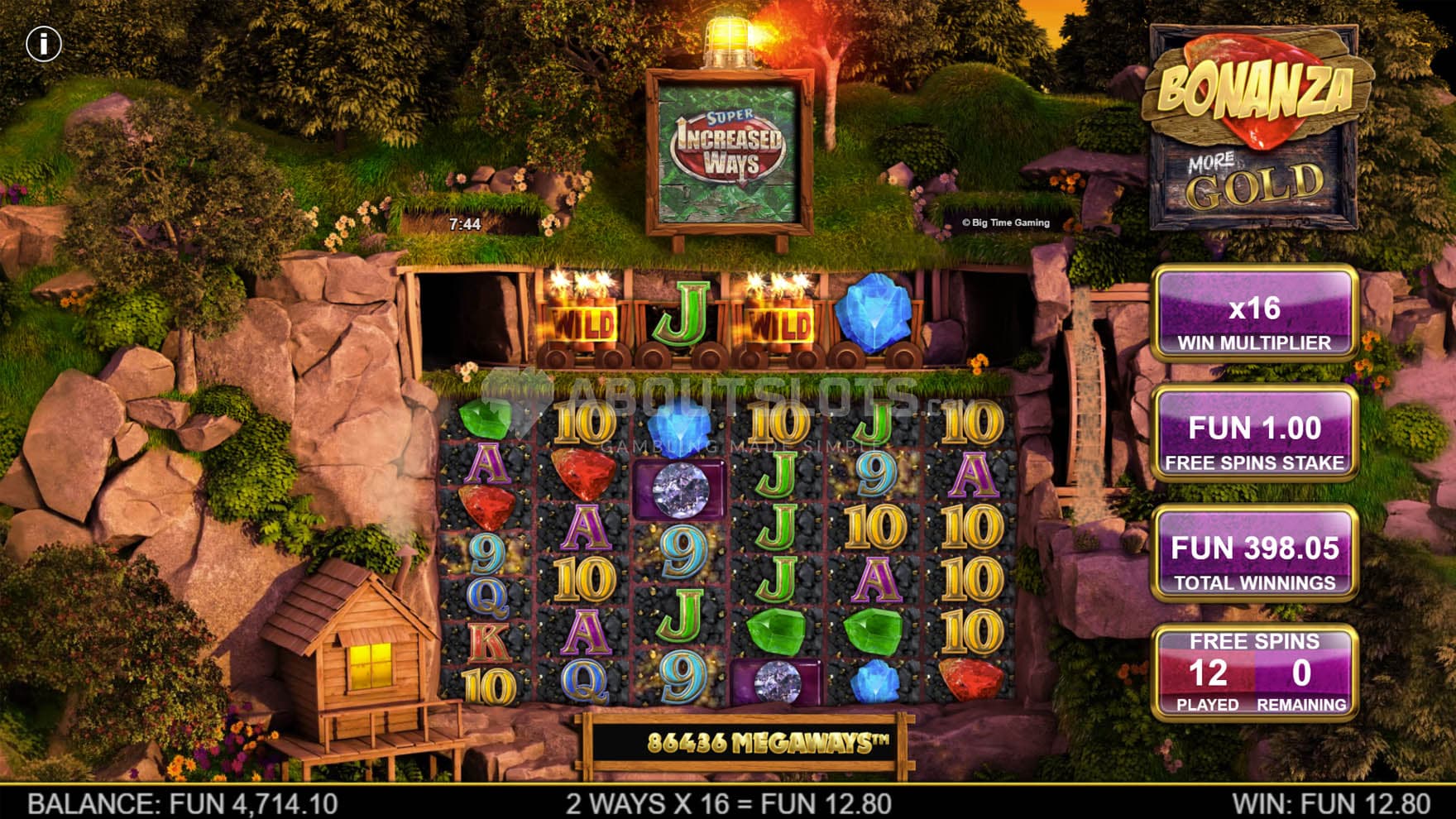 Screenshot of the Free Spins bonus in progress with the Super Increased Ways upgrade active.