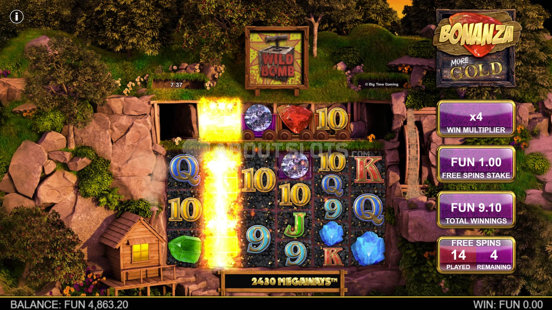 Screenshot of the Free Spins bonus in progress with the Wild Barrel upgrade active.
