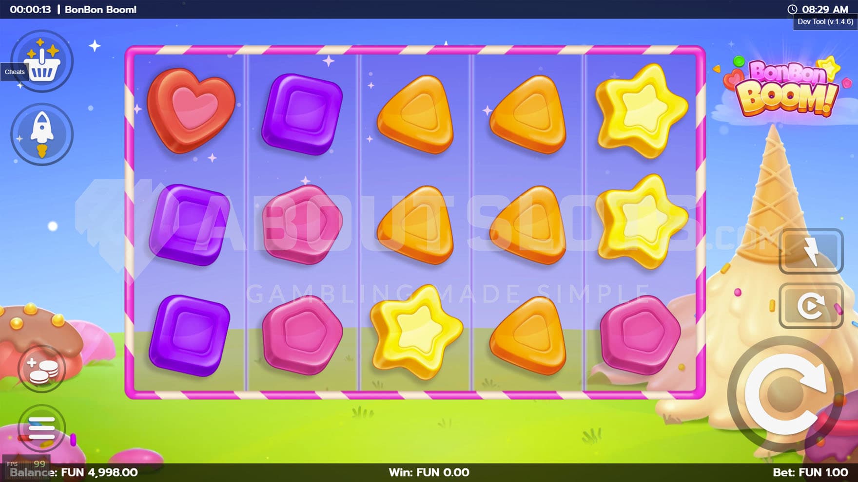 Base Game view of a 5x3 grid on a backdrop of a colourful candy land.