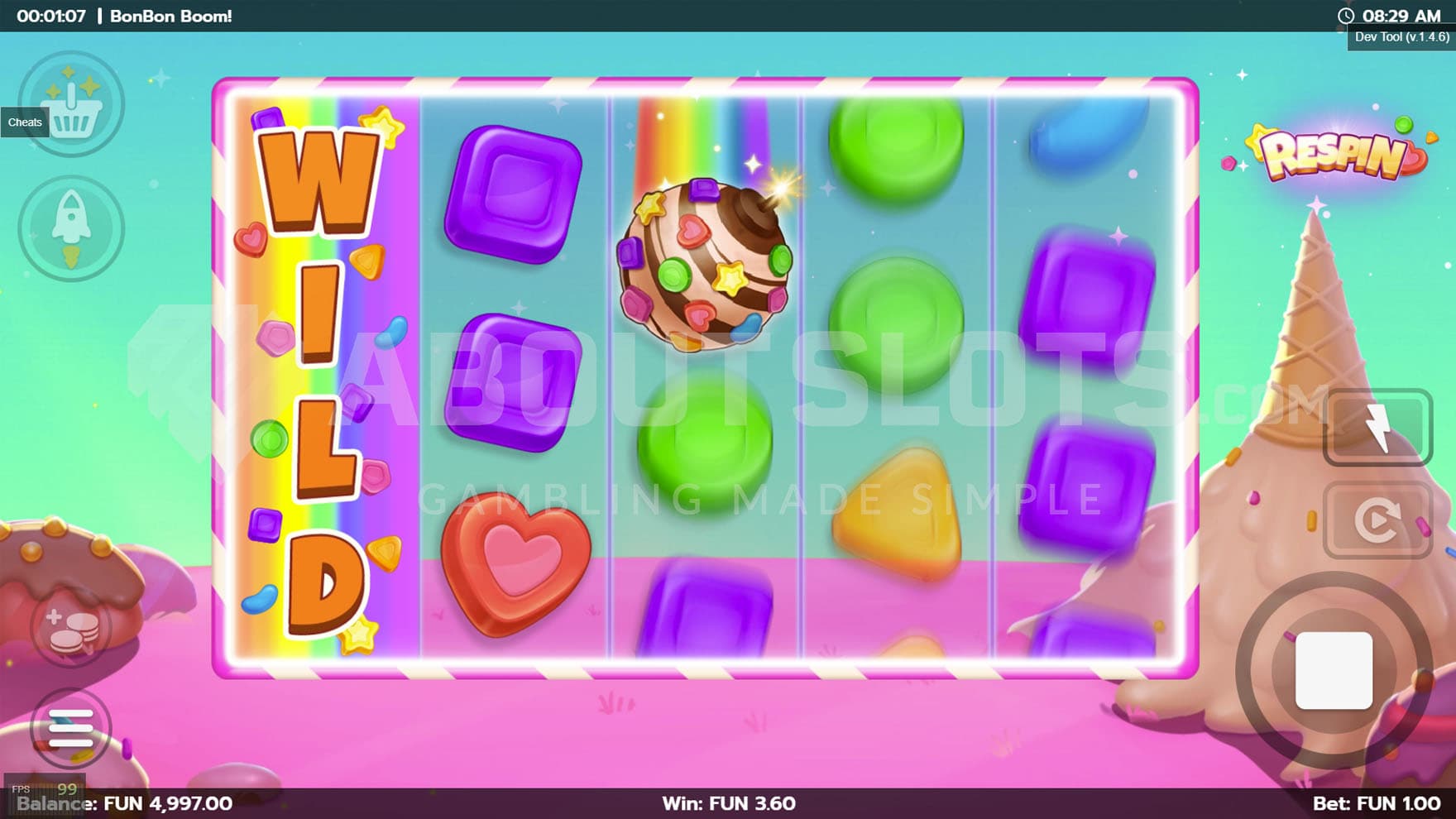 Expanding Wild Re-Spin triggered in the base game on reel 1.