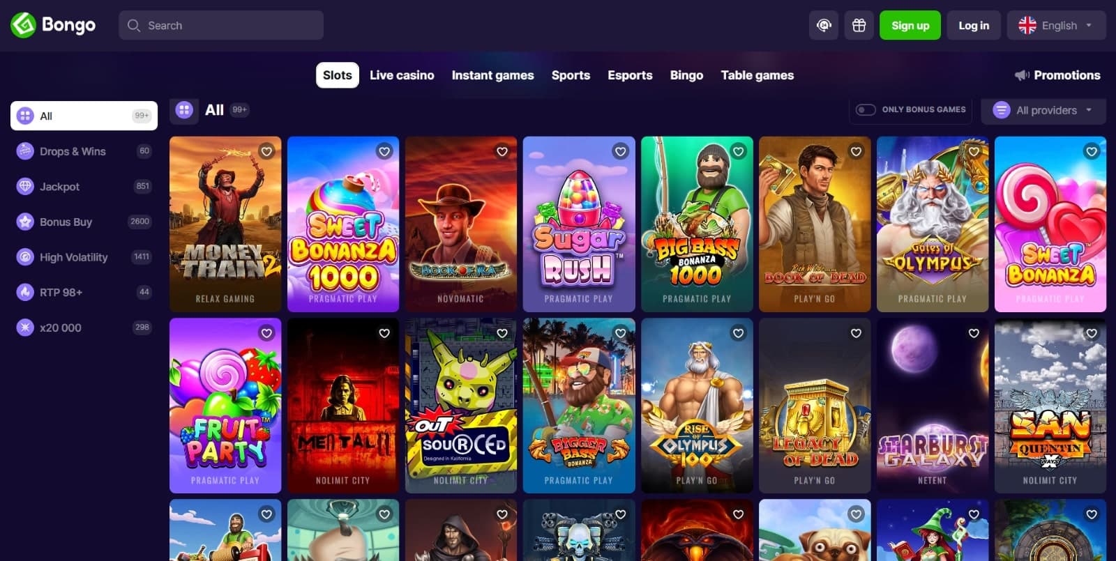 Bongo Casino games page featuring slots such as Sweet Bonanza 1000 and Big Bass bonanza, with menu category on the left