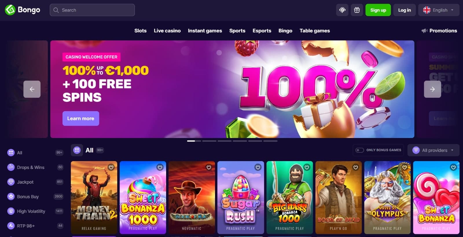 Bongo Casino landing page featuring the promotional offer of 100% welcome bonus of 1000 eur and featured games