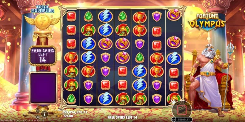 Bonus game of Fortune of Olympus where Zeus is standing on the right side of the reels.