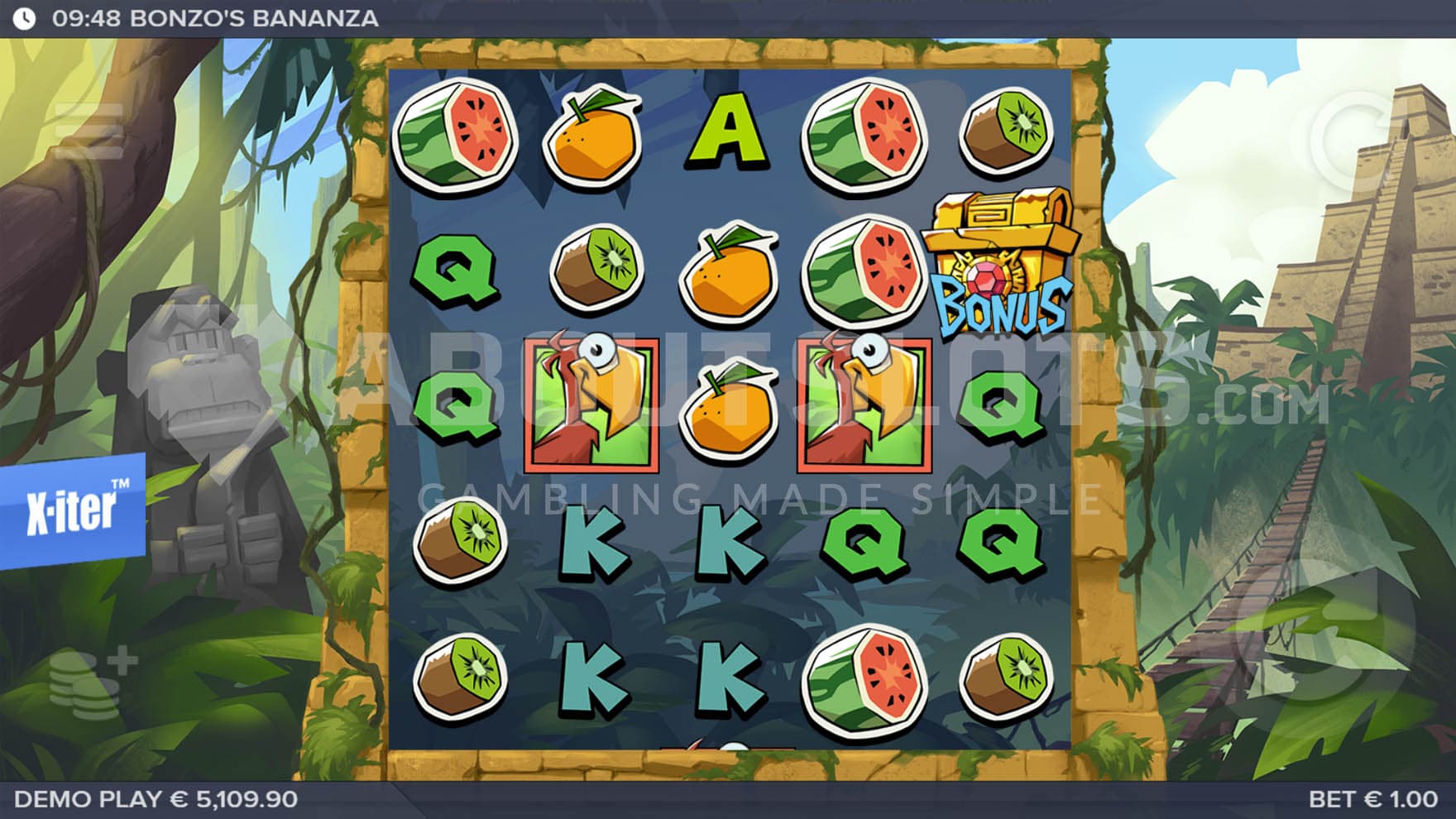 Base Game view of a 5x5 grid on a backdrop of a cartoony jungle.