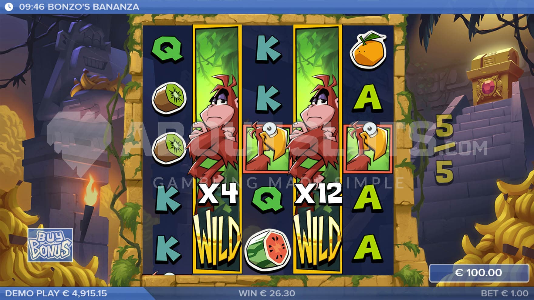 Bonus Game in progress, showing two stacked Wilds with multipliers of x4 and x12 on the second and fourth reels.