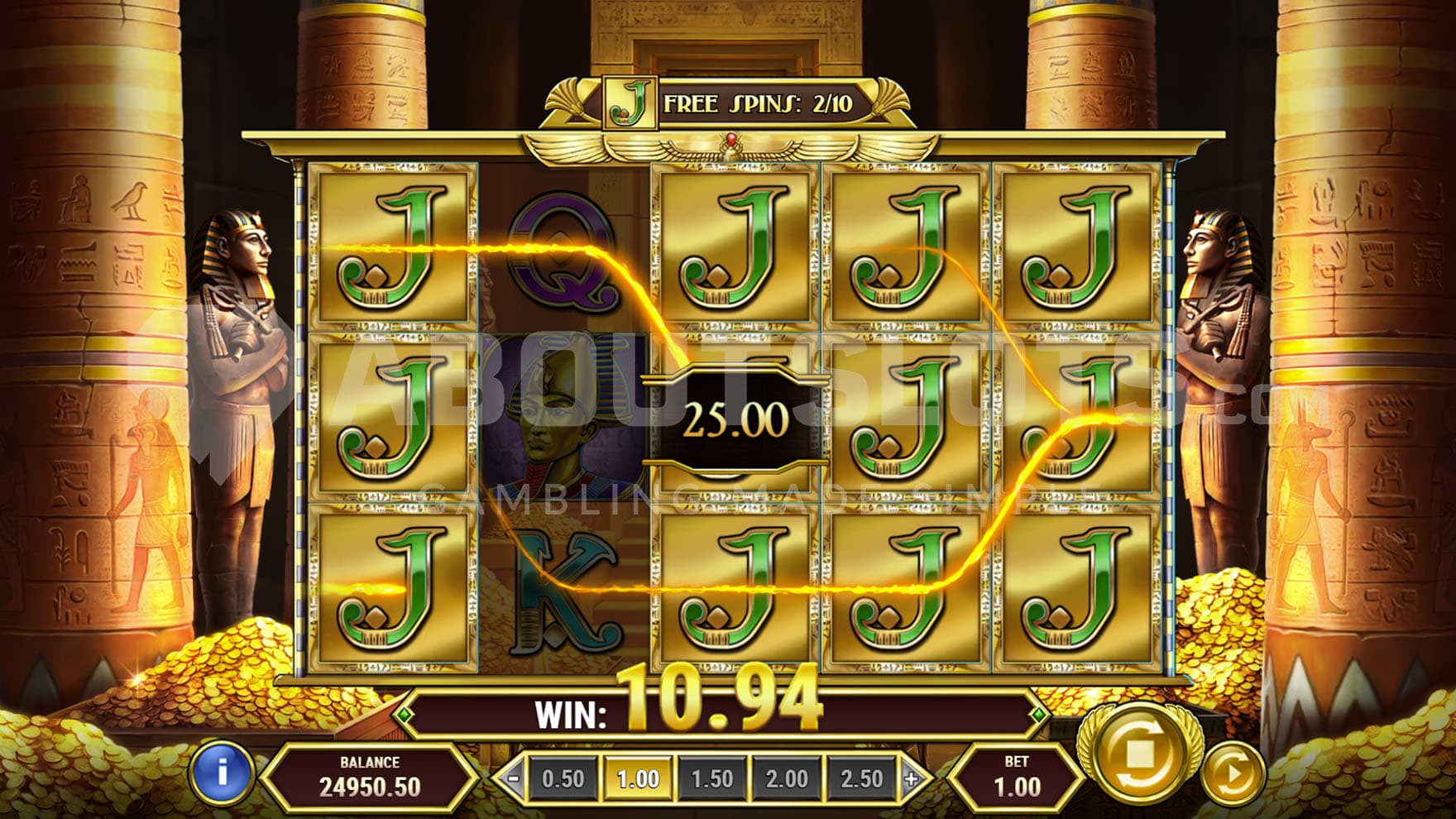 Free Spins bonus in progress with the J symbol acting as the Expanding Symbol on 4 reels at the same time.