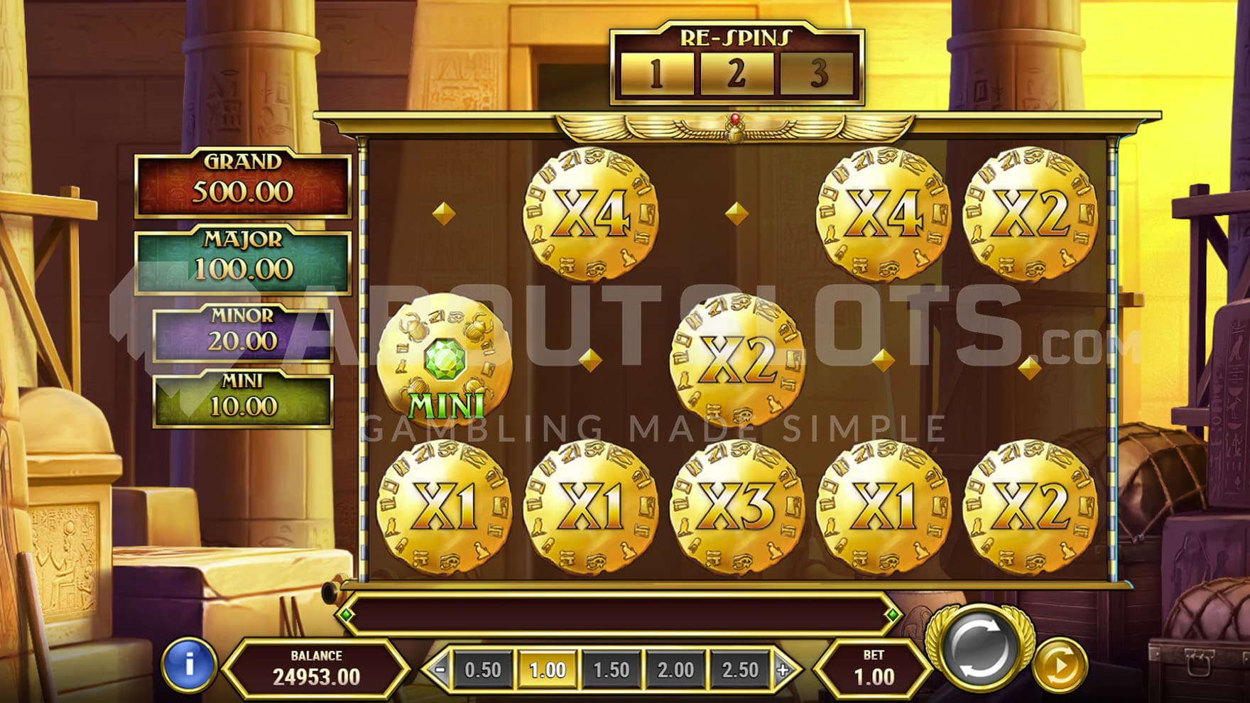 Treasure Vault bonus round in progress, showing multiple coins with cash prizes locked on the grid.
