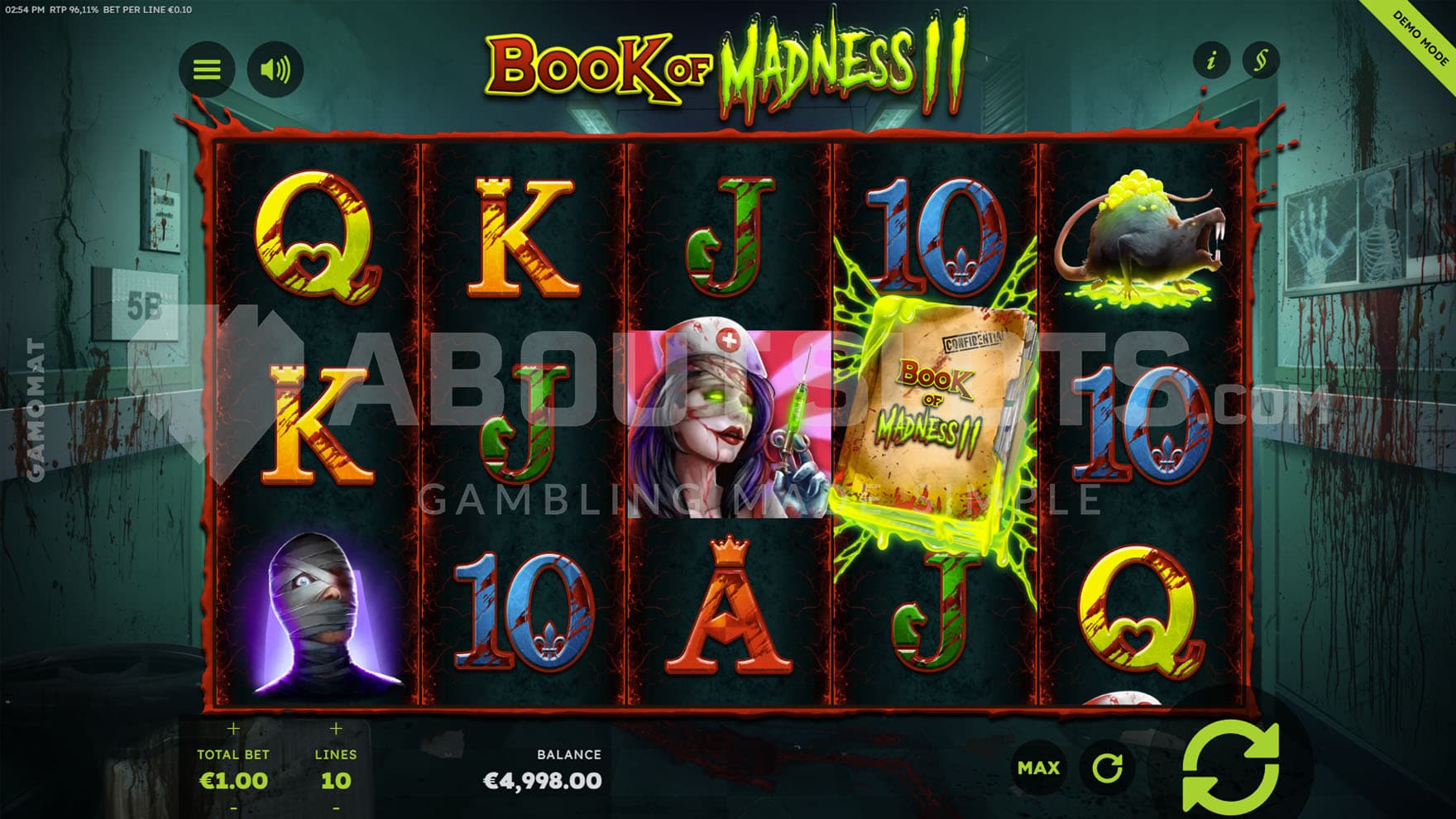 Base Game view of a 5x3 grid on a backdrop of a creepy, abandoned hospital interior with blood-spattered walls.