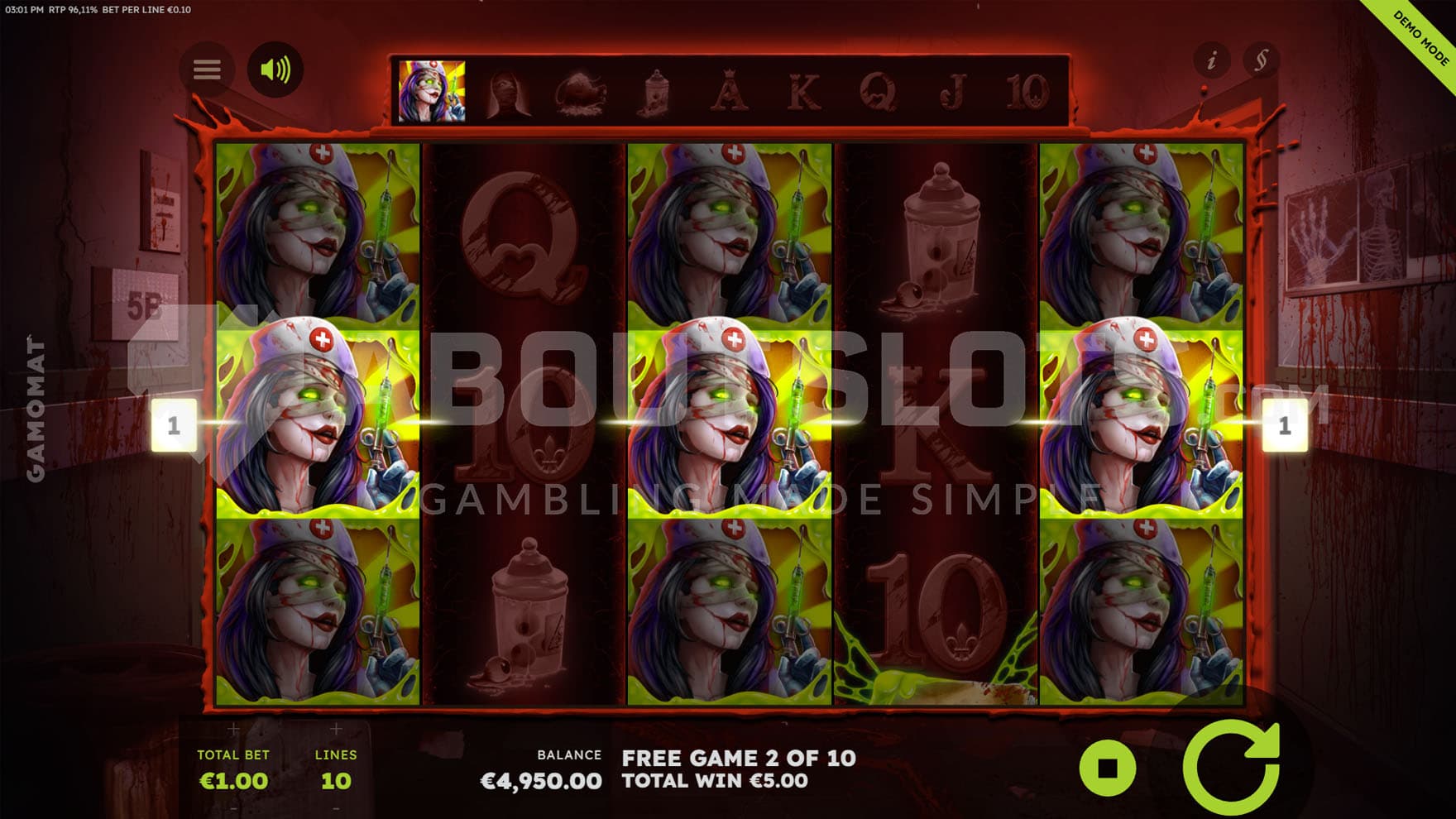 Free Games bonus in progress with the highest paying symbol acting as the Expanding Symbol and forming a win on reels 1, 3, and 5.