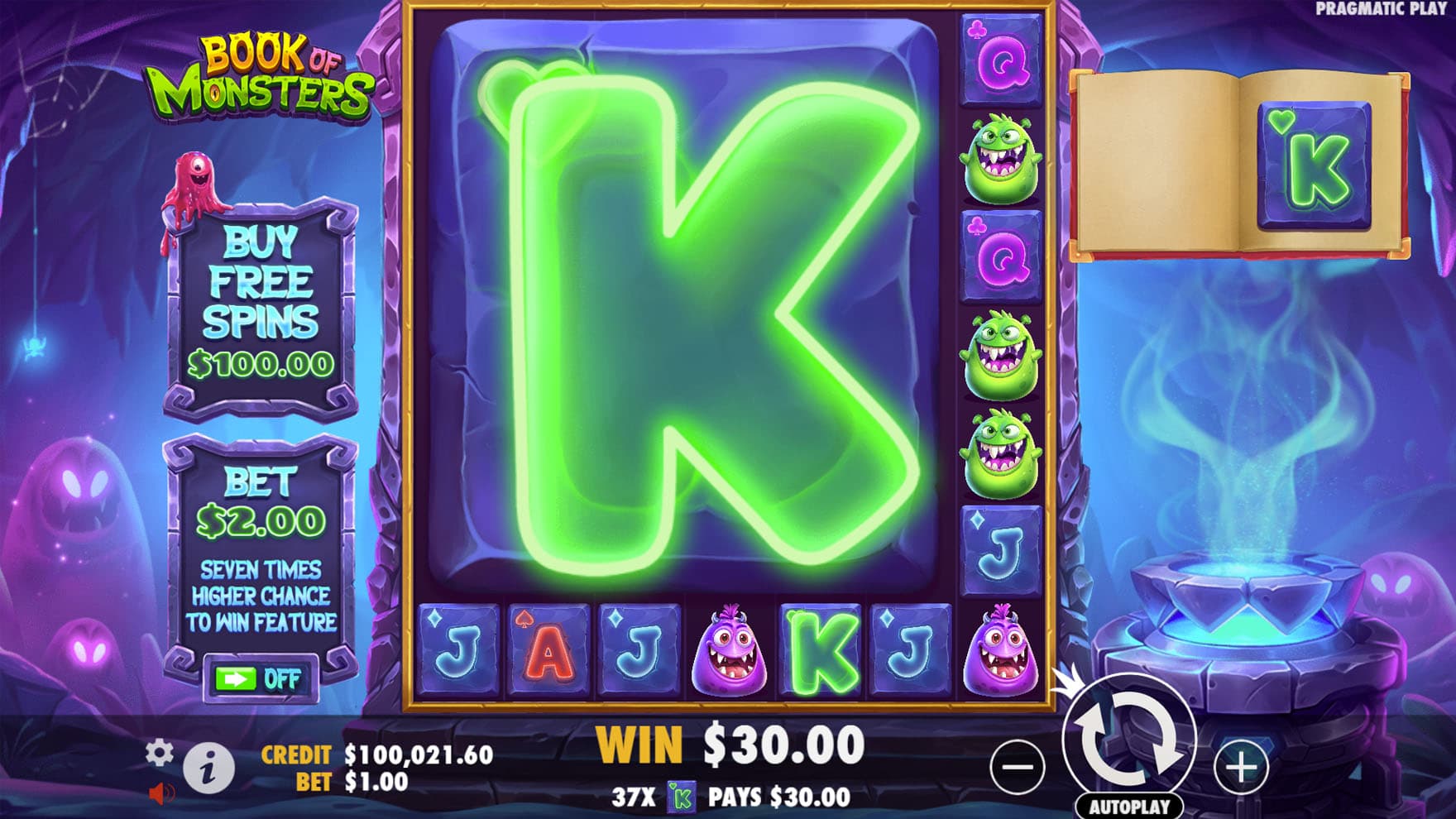 Base Game view of a 7x7 grid on a backdrop of a cave with a giant 6x6 symbol on the reels awarding a 30x win.