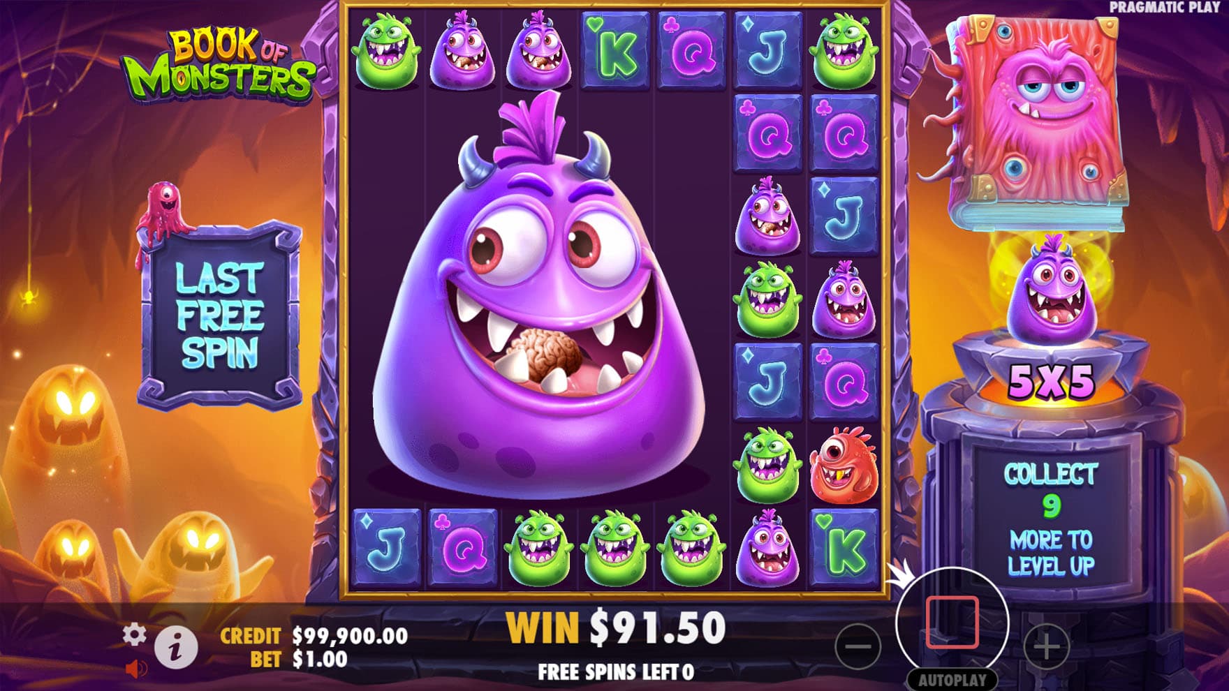 Free Spins bonus in progress with the Fat Symbol increased to a 5x5 size and a total win of 91.50.