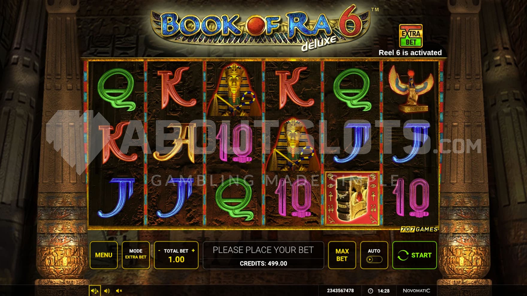 Base Game view of a 6x3 grid on a backdrop of an inside of Ancient Egyptian pyramid.