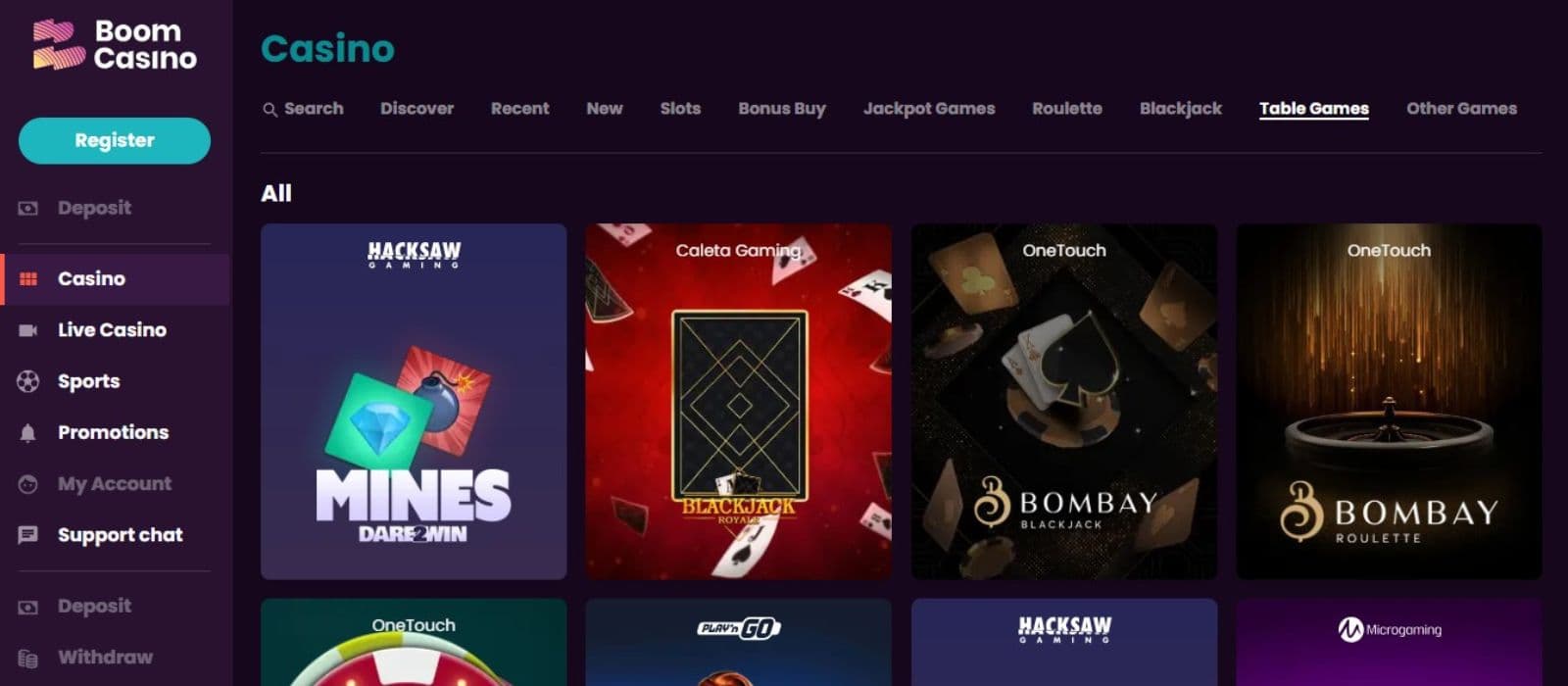 Boom Casino's table games section with titles from providers like Hacksaw Gaming, Caleta Gaming, OneTouch, Play'n GO, and Microgaming.