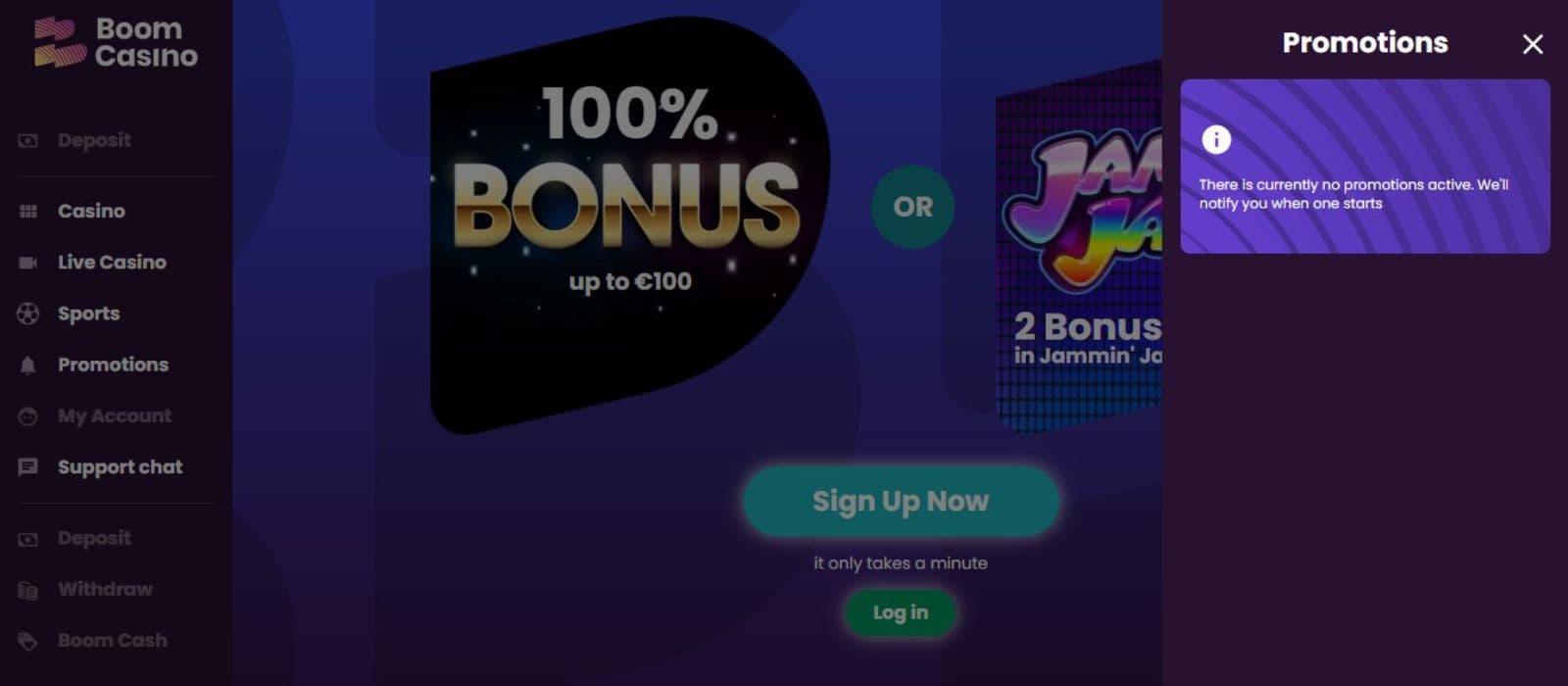 Boom Casino promotions page showing no active promotions, with a message stating that players will be notified when a new promotion starts.
