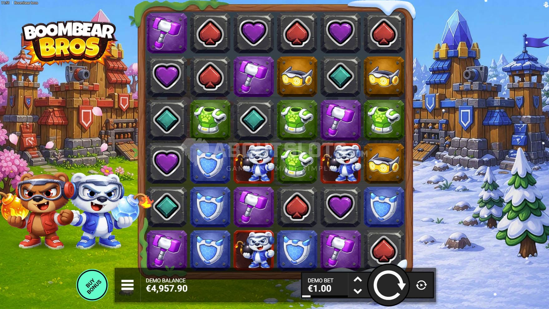Screenshot of the base game, showing a 6x6 grid on a backdrop of a cartoony scene with two fortresses and two bears holding bombs.