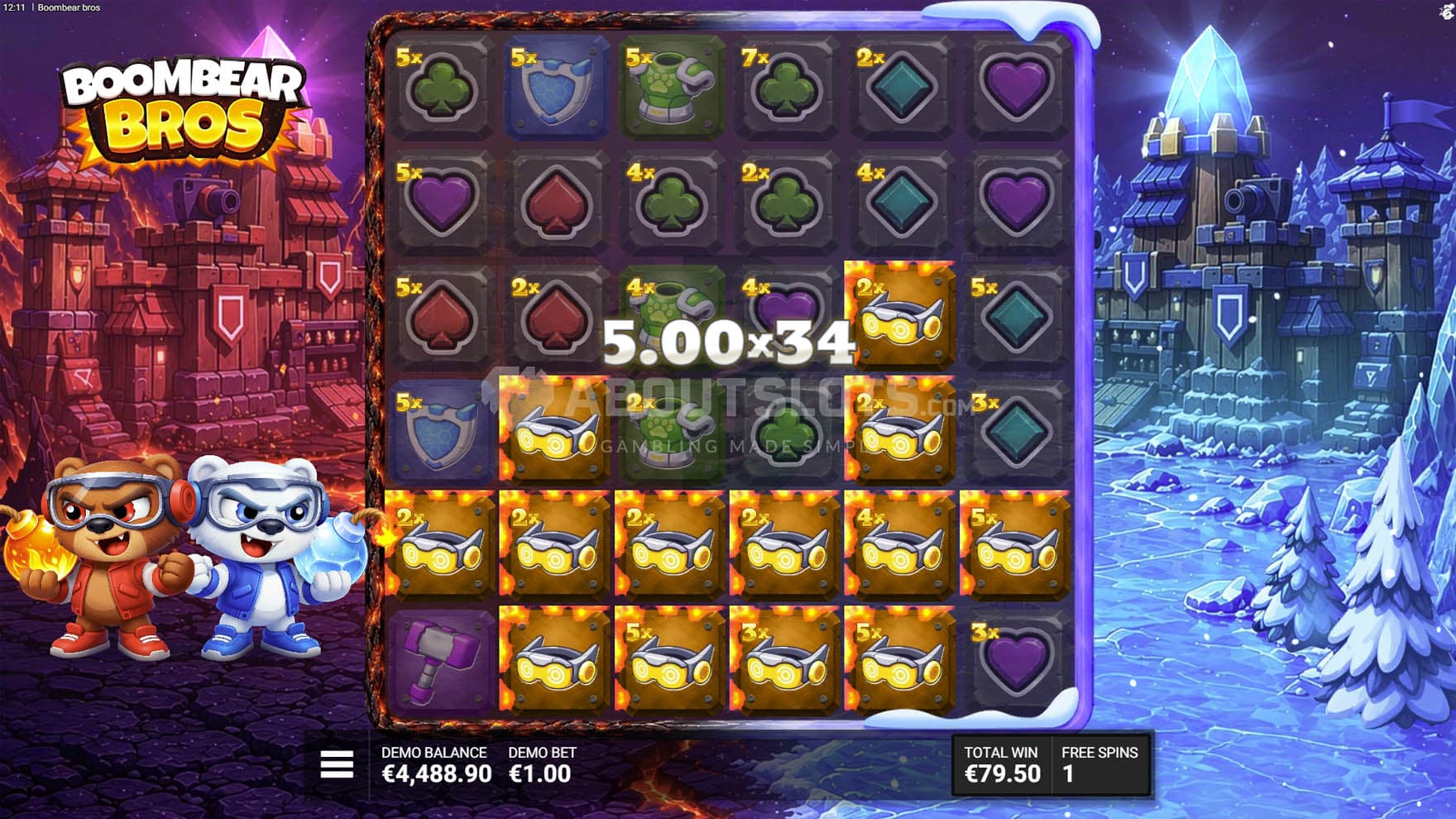 Screenshot of the Bonus Game, showing a large cluster win utilising many multipliers.
