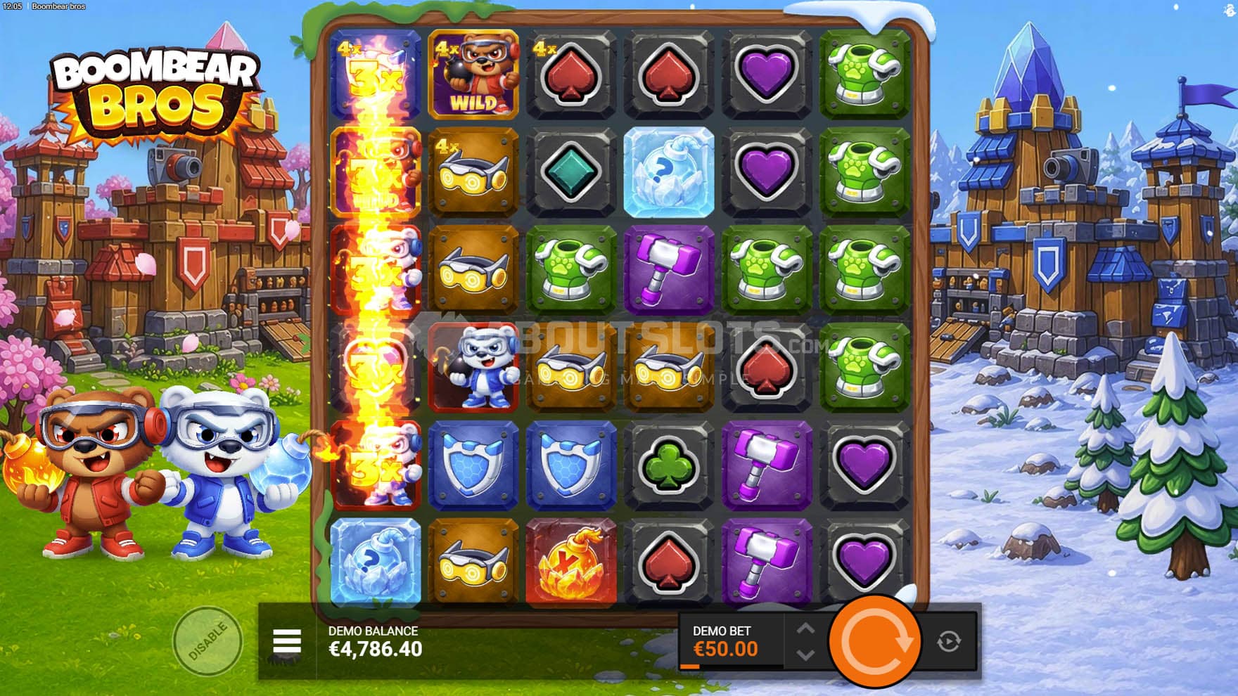 Screenshot showing a Fire Power Bomb triggered in the base game on reel1.