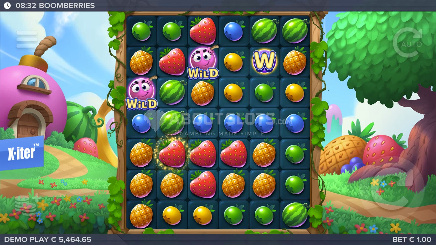 Base Game view of a 6x7 grid on a backdrop of a cartoony fairytale realm.