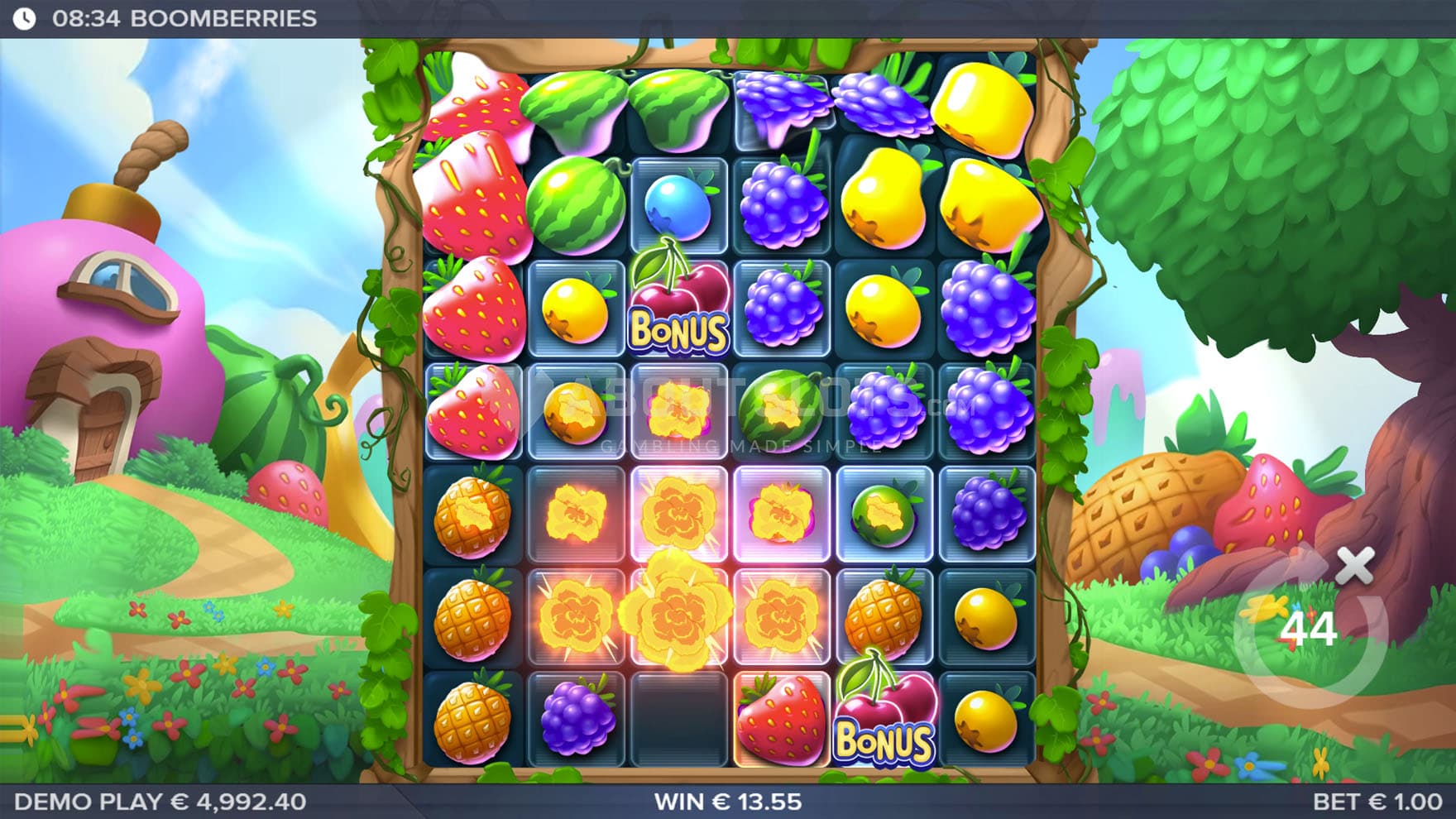 Exploding Wild triggered in the base game, removing symbols in a cone-shaped pattern.