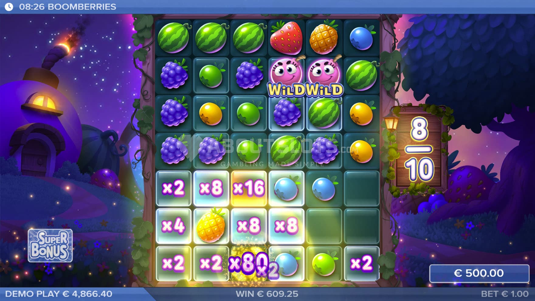 Super Bonus in progress, showing multiple grid positions with multipliers and a Collector acquiring multipliers from nearby cells.