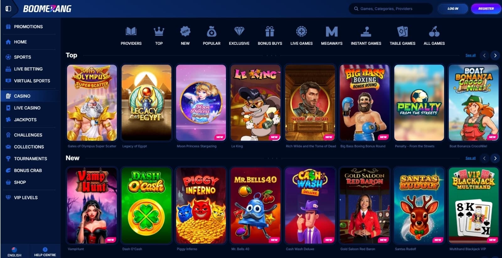 Boomerang-bet Casino's gaming lobby featuring the top and newest slots such as Gates of Olympus and Vamp Hunt