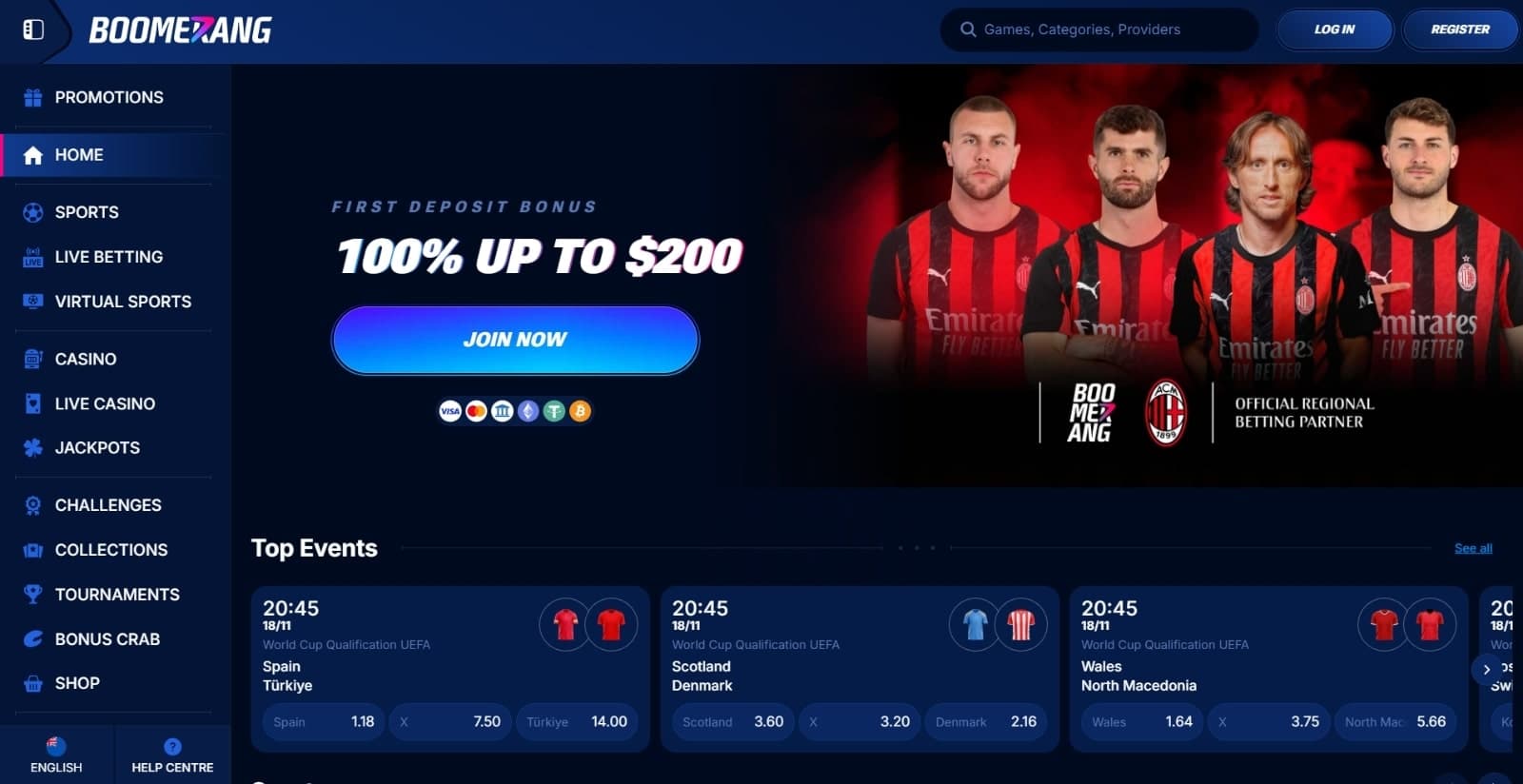 Boomerang-Bet Casino's landing page featuring the first deposit offer over banner with football team members above game category tabs
