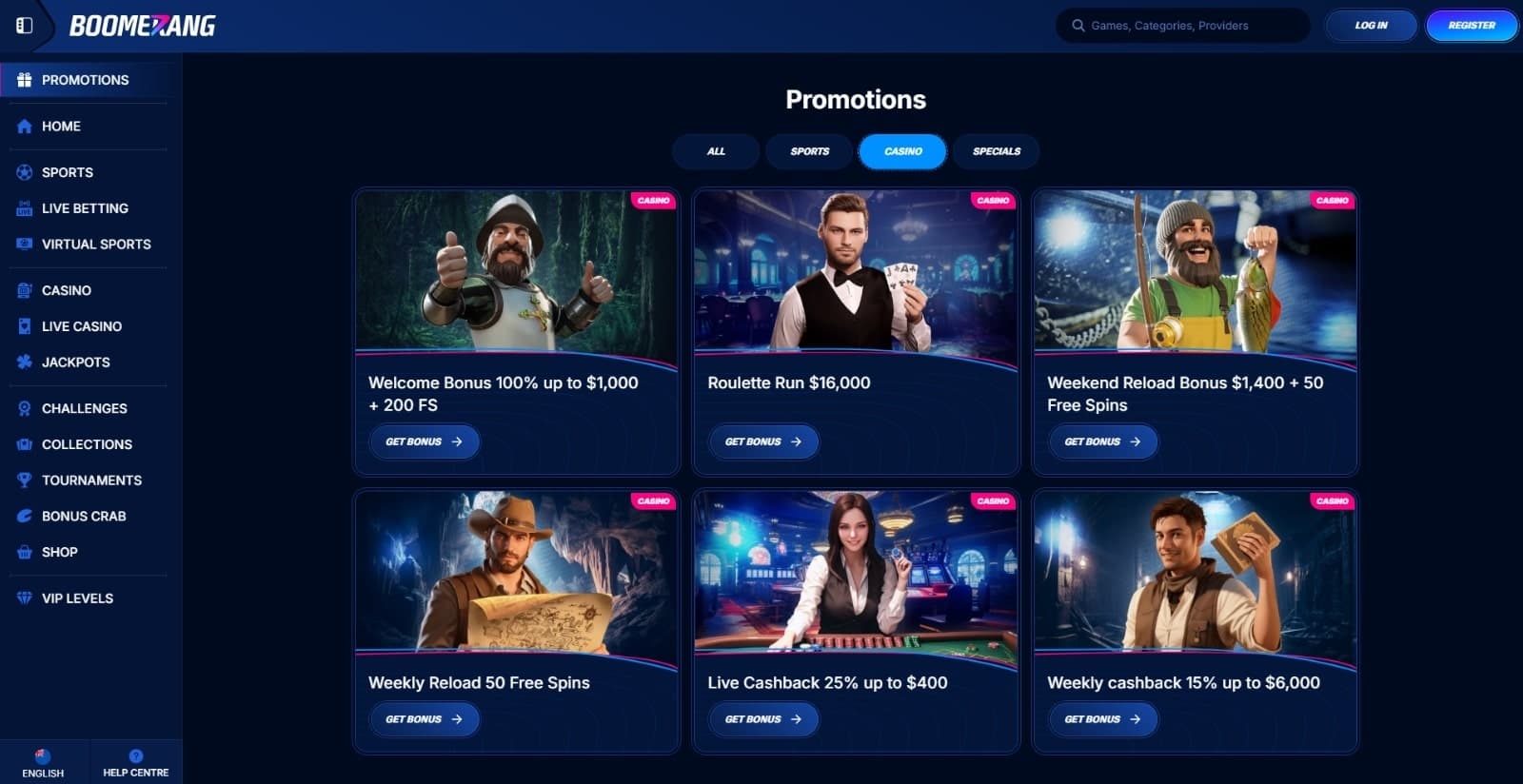 Boomerang-bet Casino promotions page featuring the welcome bonus, weekend, weekly and reload bonuses, and cashback bonuses