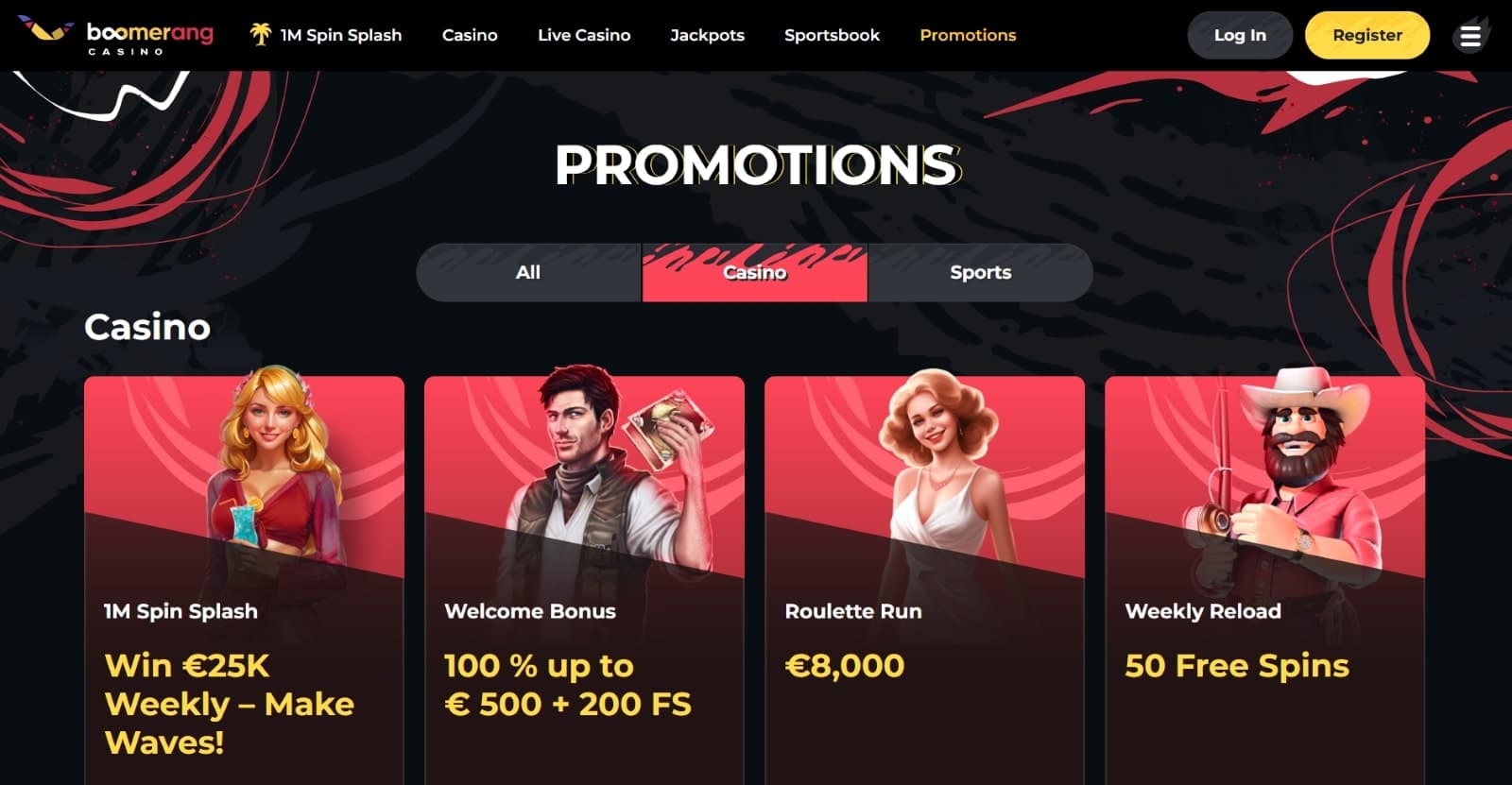 Boomerang Casino's promotions page, showing the welcome bonus and other impressive offers.