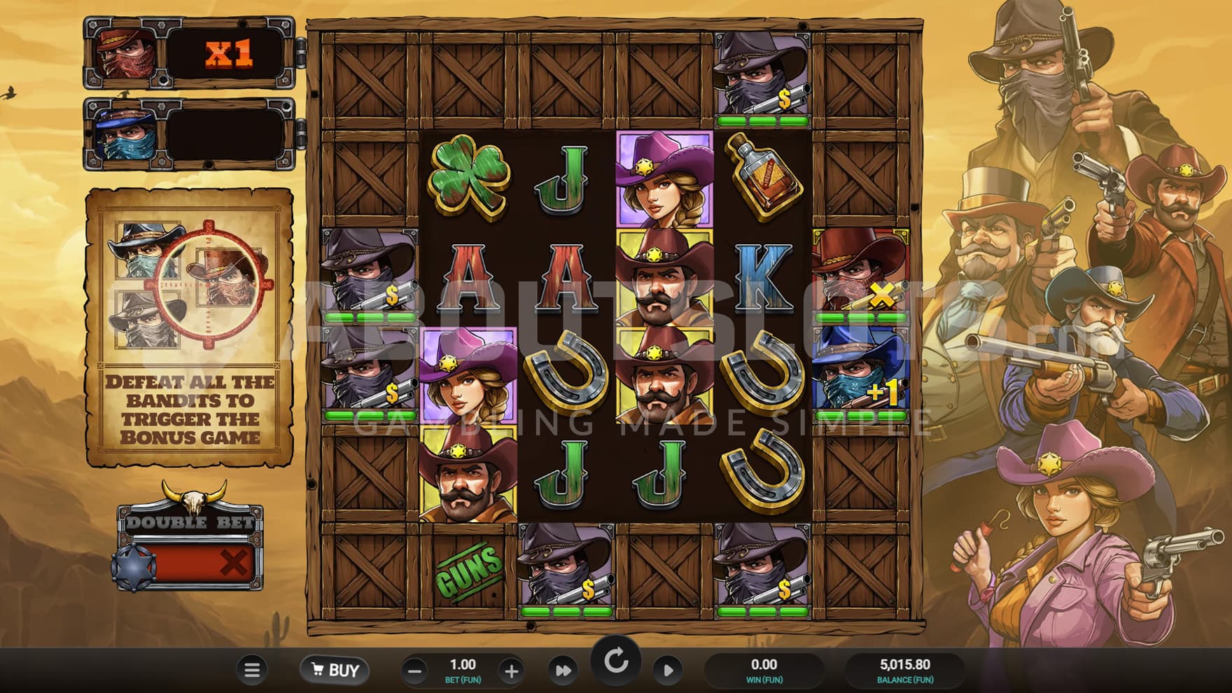 Base Game view of a 6x6 grid on a backdrop of American wildlands with several Wild West characters stacked to the right of the grid.