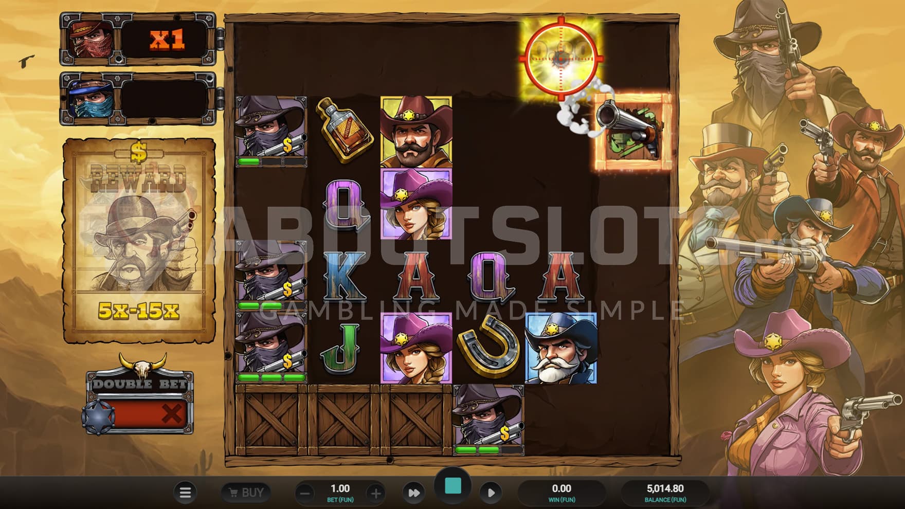 Guns feature triggered from a crate in the base game shooting at one of the Bandit Cash symbols.