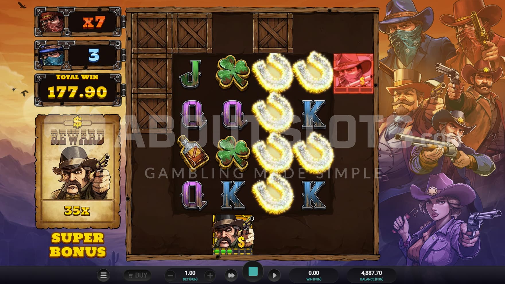 Super Bonus game in progress, showing multiple crates destroyed and a Boss Bandit symbol with 3 lives remaining.