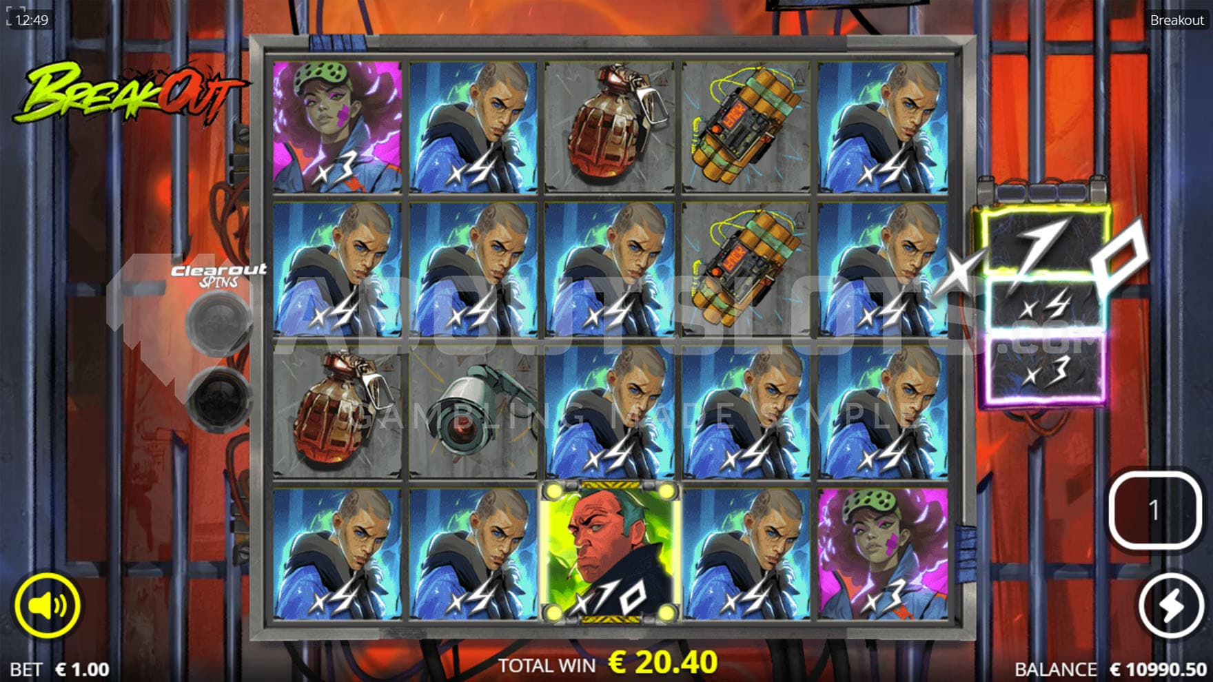 Breakout Spins bonus in progress, showing one of the high-paying symbols during a sticky respin.