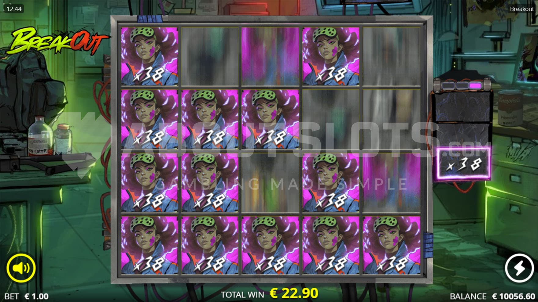 Clearout Spins in progress, showing the last high-paying symbol sticky during a respin, with a multiplier of x38.