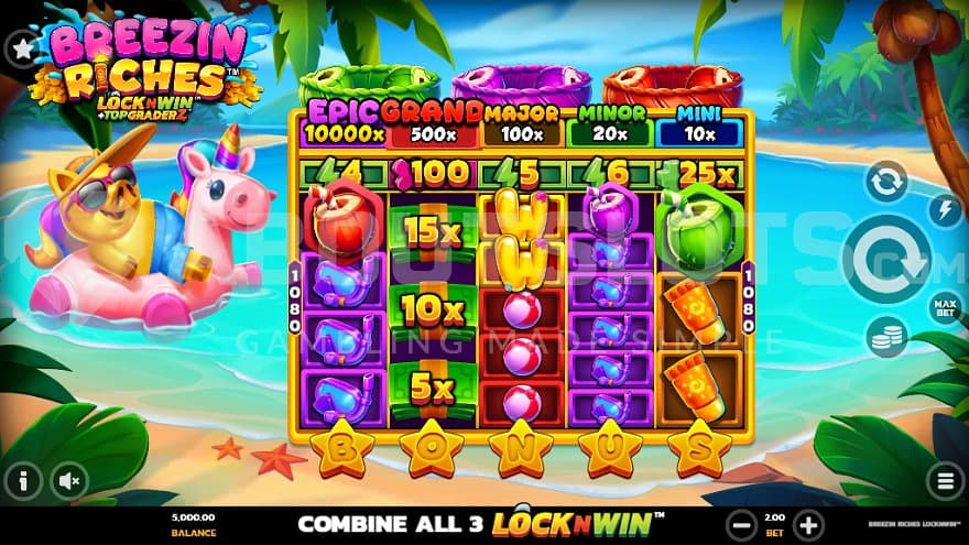 A casino slot with a pig swimming at a beach.