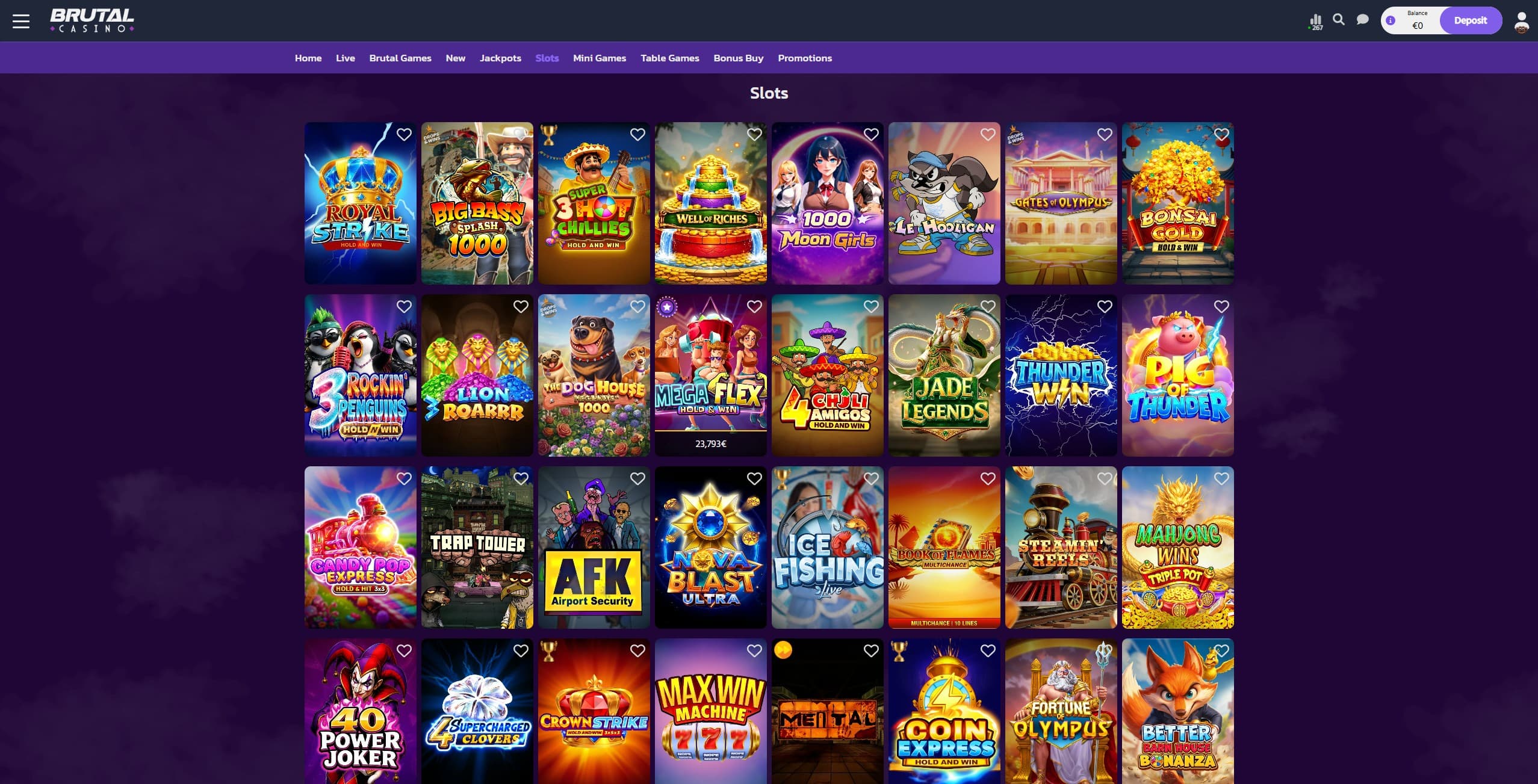 Brutal Casino Games Page showign a selection of slot games