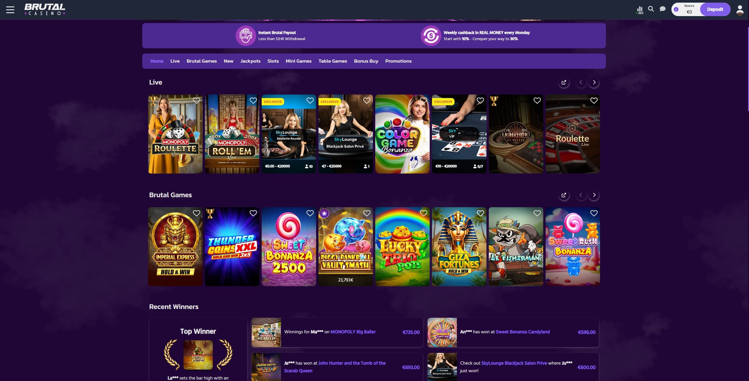 Brutal Casino Landing Page showing a selection of games and game categories