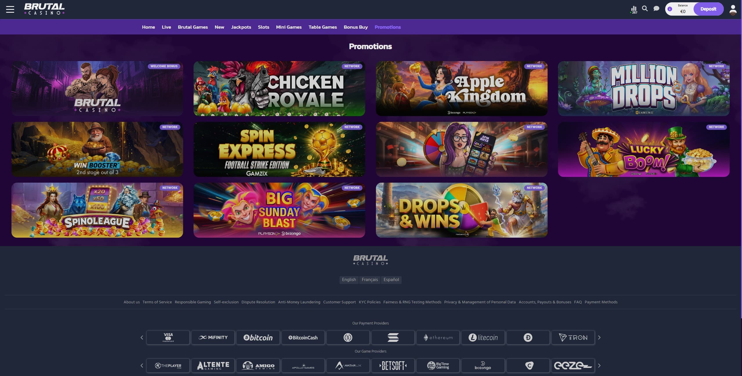 Brutal Casino Promotions Page showing the available bonues and promotions