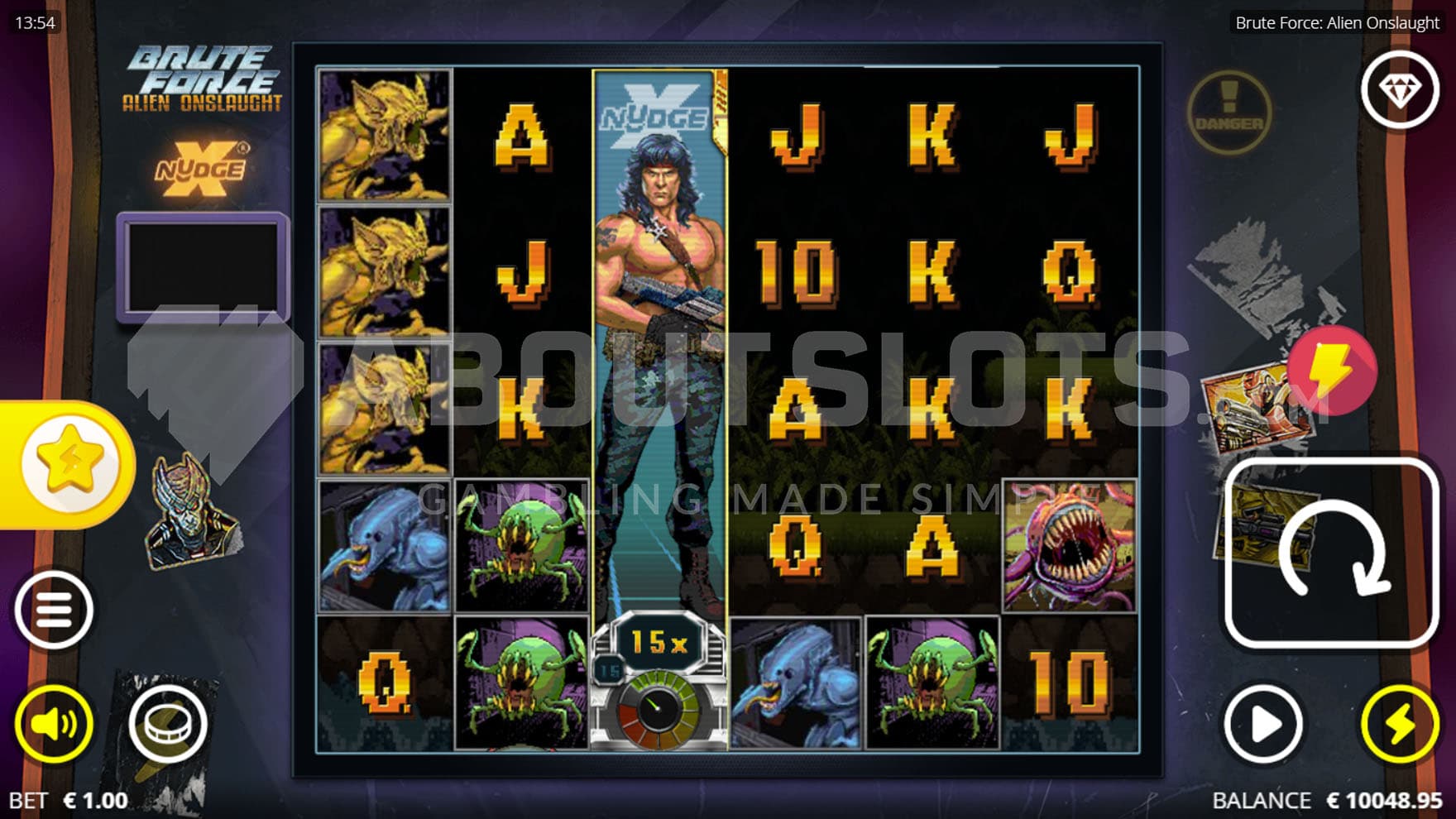 Base Game view of a 6x5 grid set in an old-school arcade cabinet adorned with stickers.