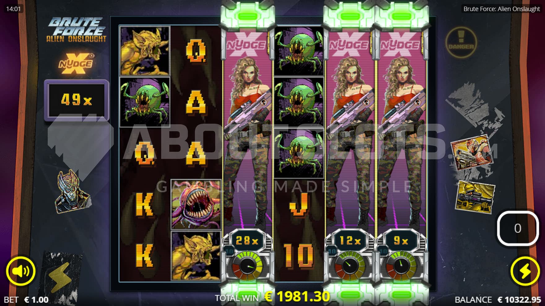 Stellar Punishment Spins in bonus, showing 3 xNudge Wilds sticky on reels 3, 5, and 6 and a total win multiplier of 49x.