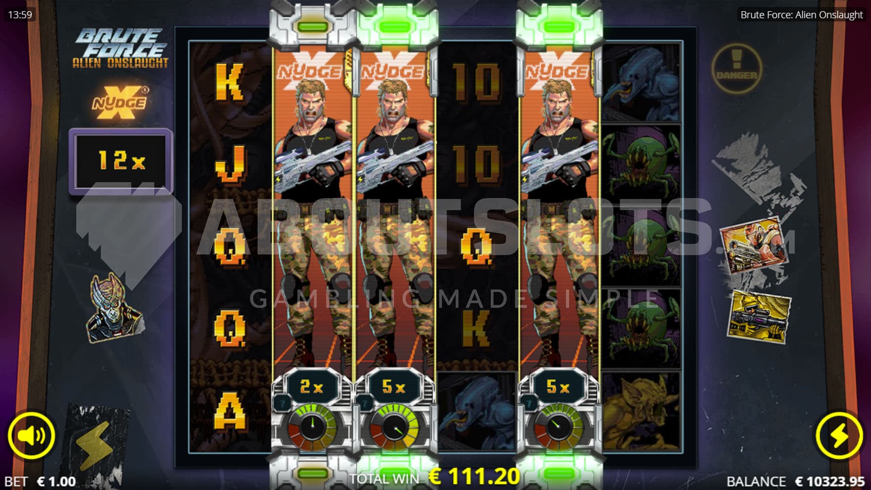 Super BLU Genesis Spins in progress, showing reels 2, 3, and 5 populated by sticky xNudge Wilds.