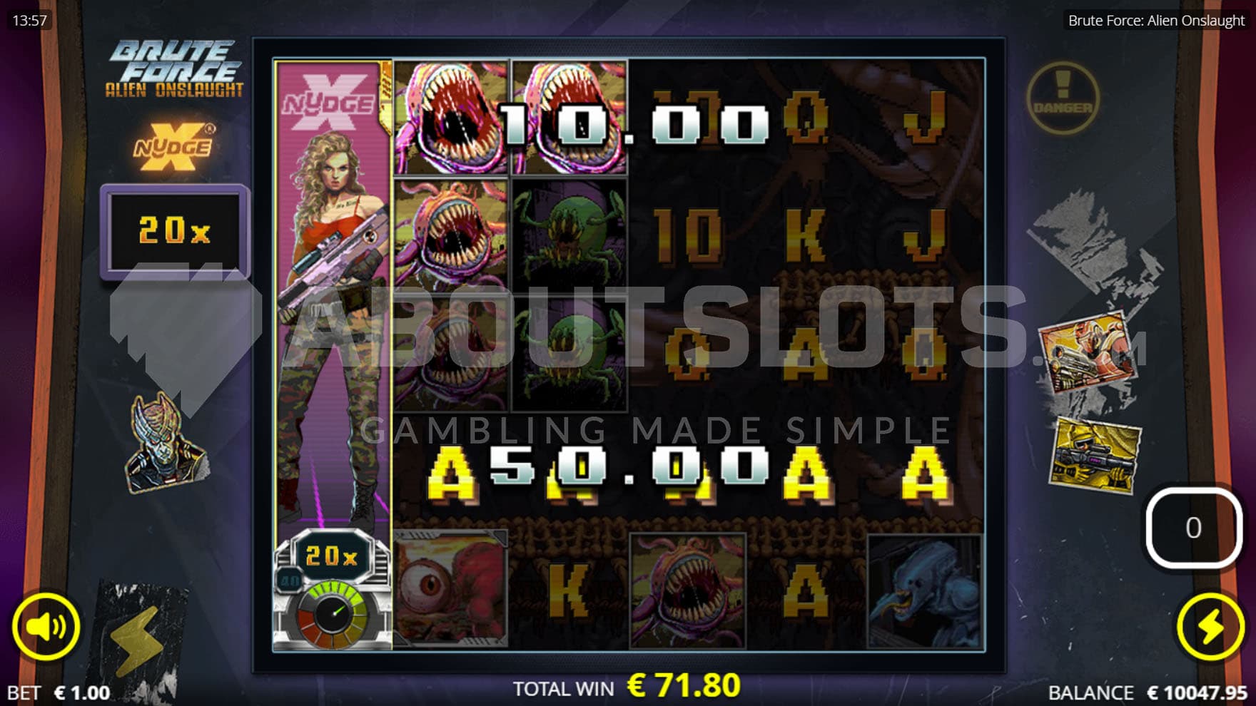 Super REDemption Spins bonus in progress, showing one sticky xNudge Wild on the first reel with a multiplier of 20x.