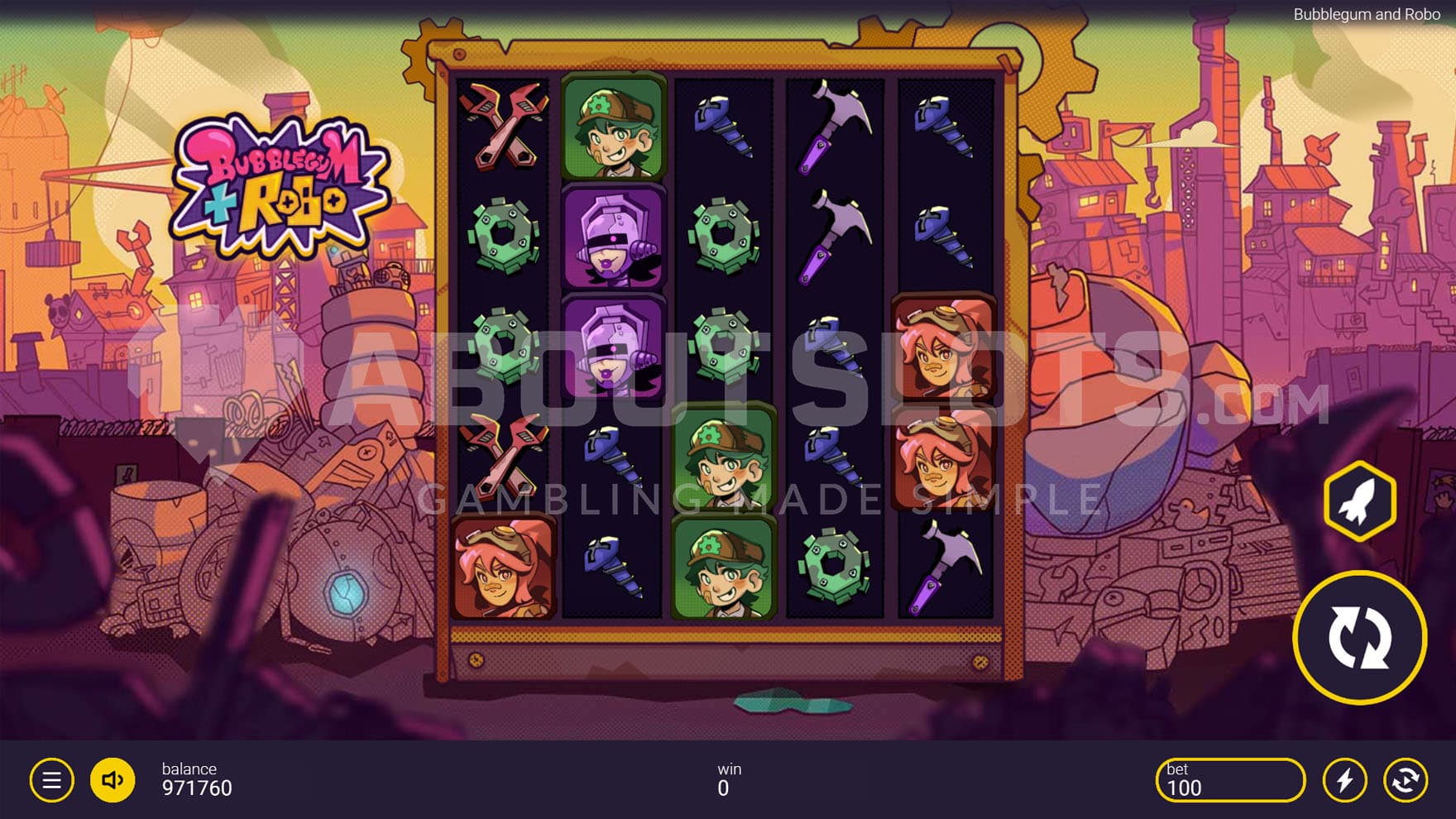 Base Game view of a 5x5 grid on a backdrop of a cartoony scrapyard.